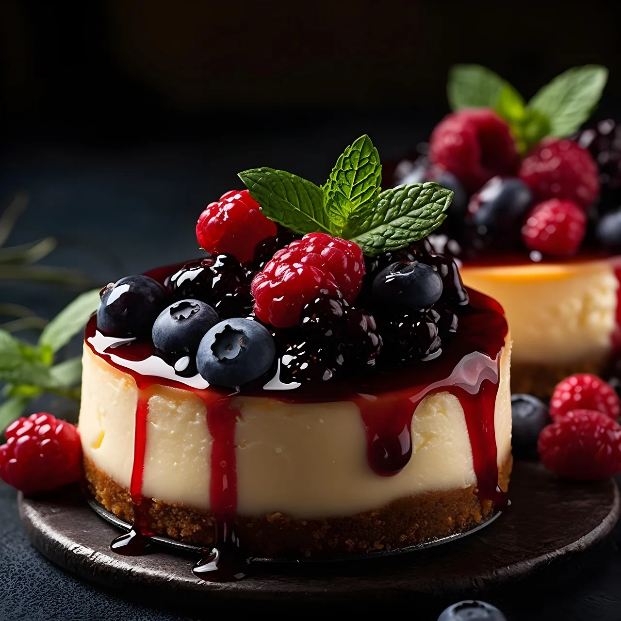 Kremalı cheesecake üzerinde taze böğürtlenler Kremalı cheesecake üzerinde taze böğürtlenler