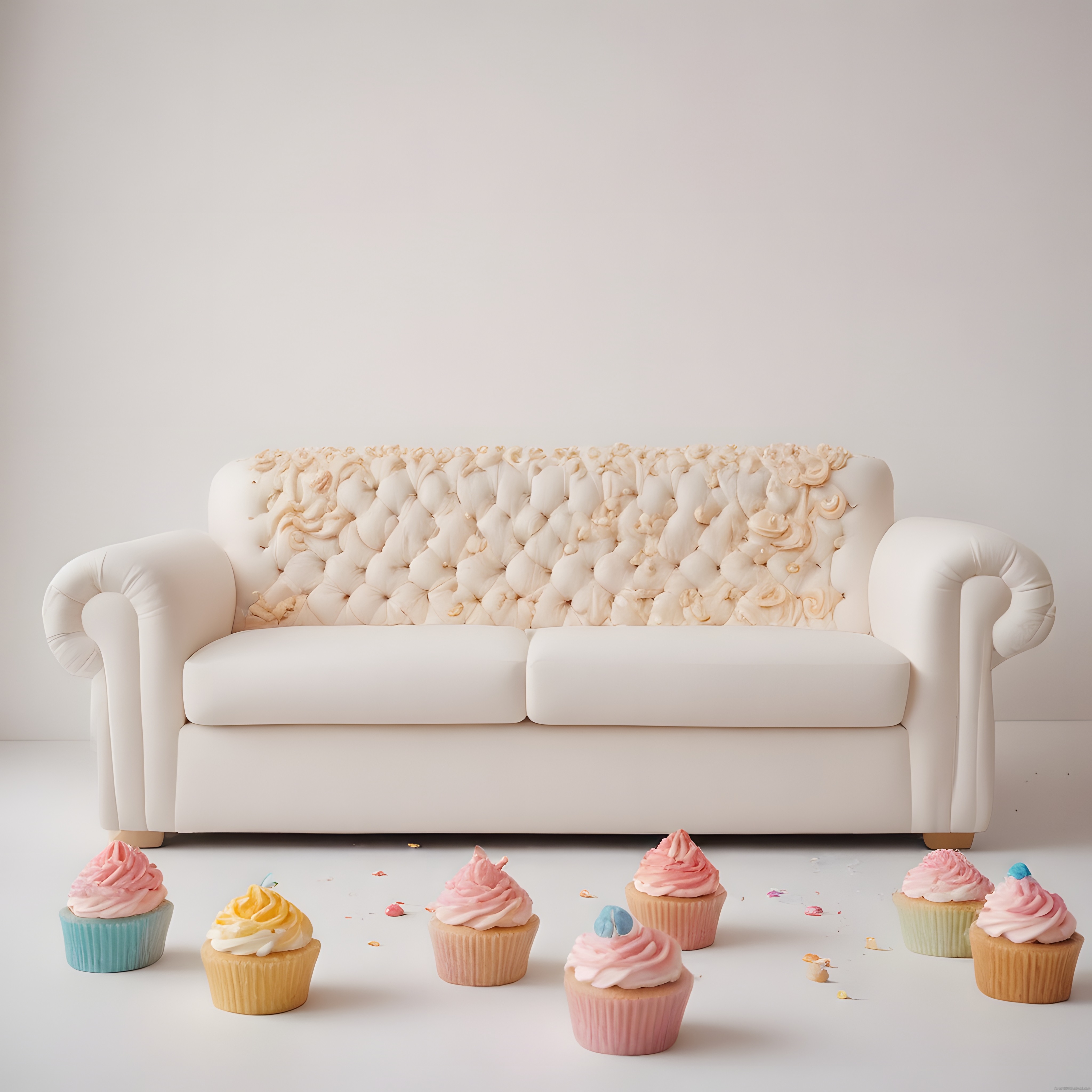 Kremalı Cupcake'ler ve Beyaz Kapitone Kanepenin Uyumuyla Pastel Dekorasyon