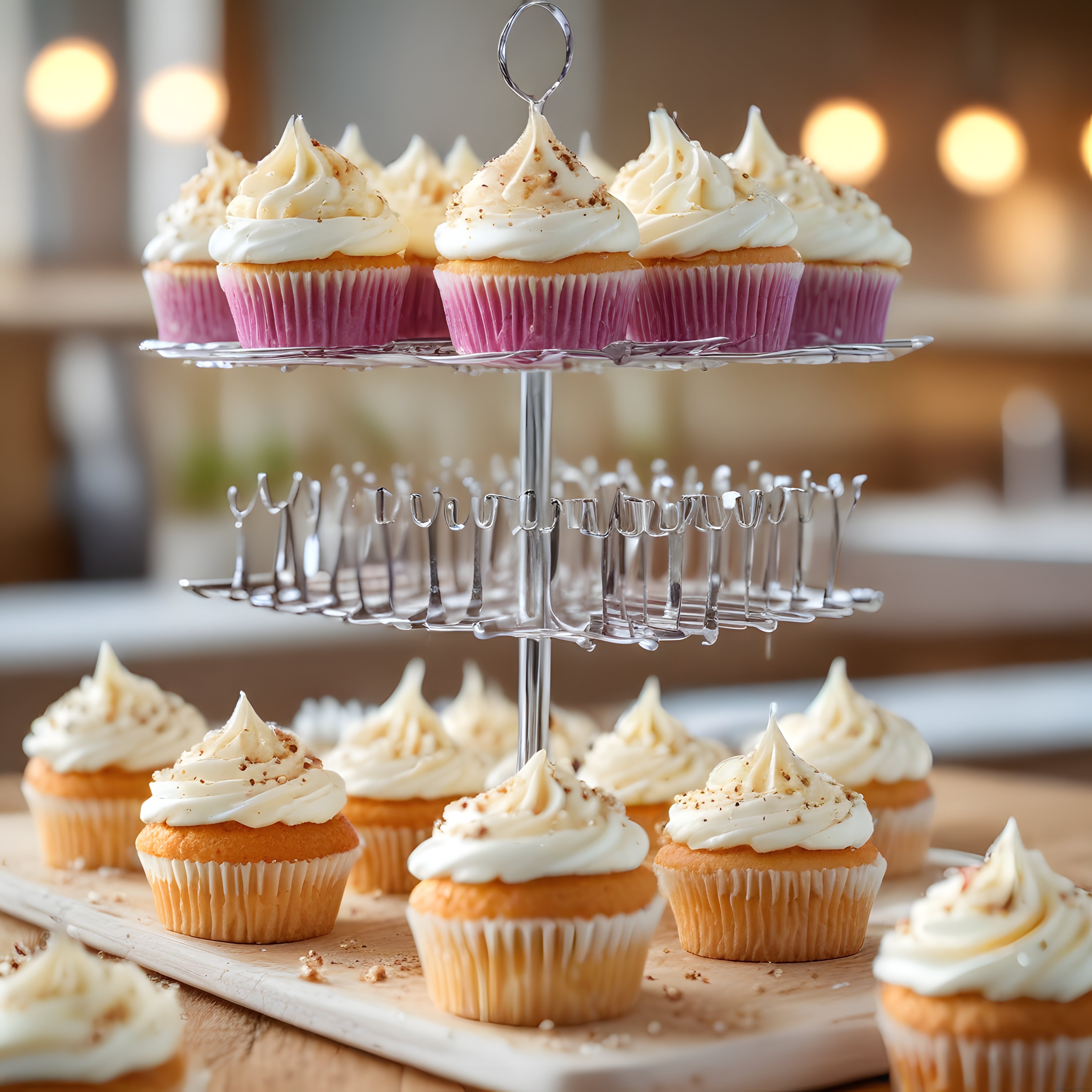 Kremalı Cupcake'lerin Şık Sunumu: Metal Stand ile Ahşap Tahta