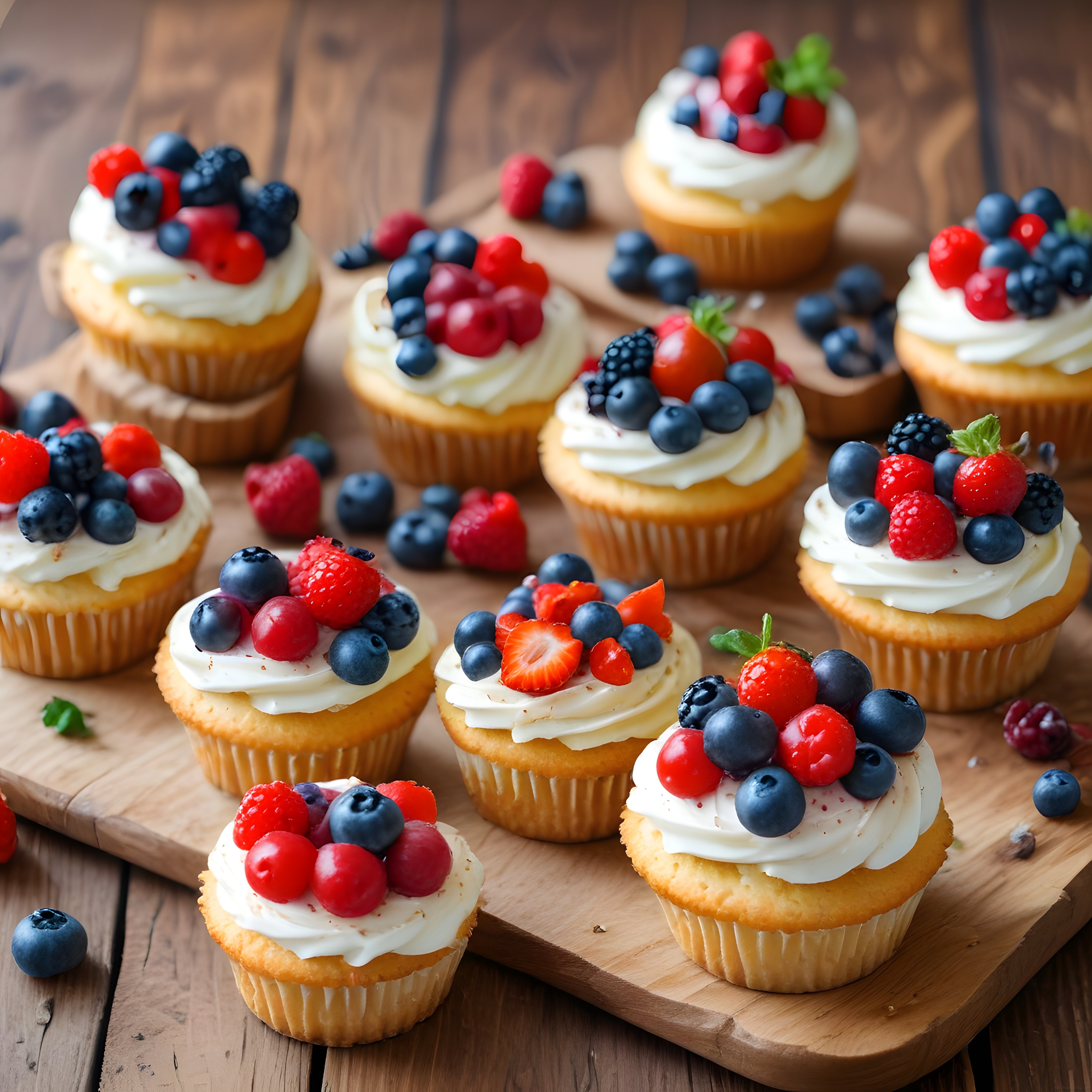 kremalı cupcakeler üzerinde taze yaban mersini çilek ve ahududu süslemeleri