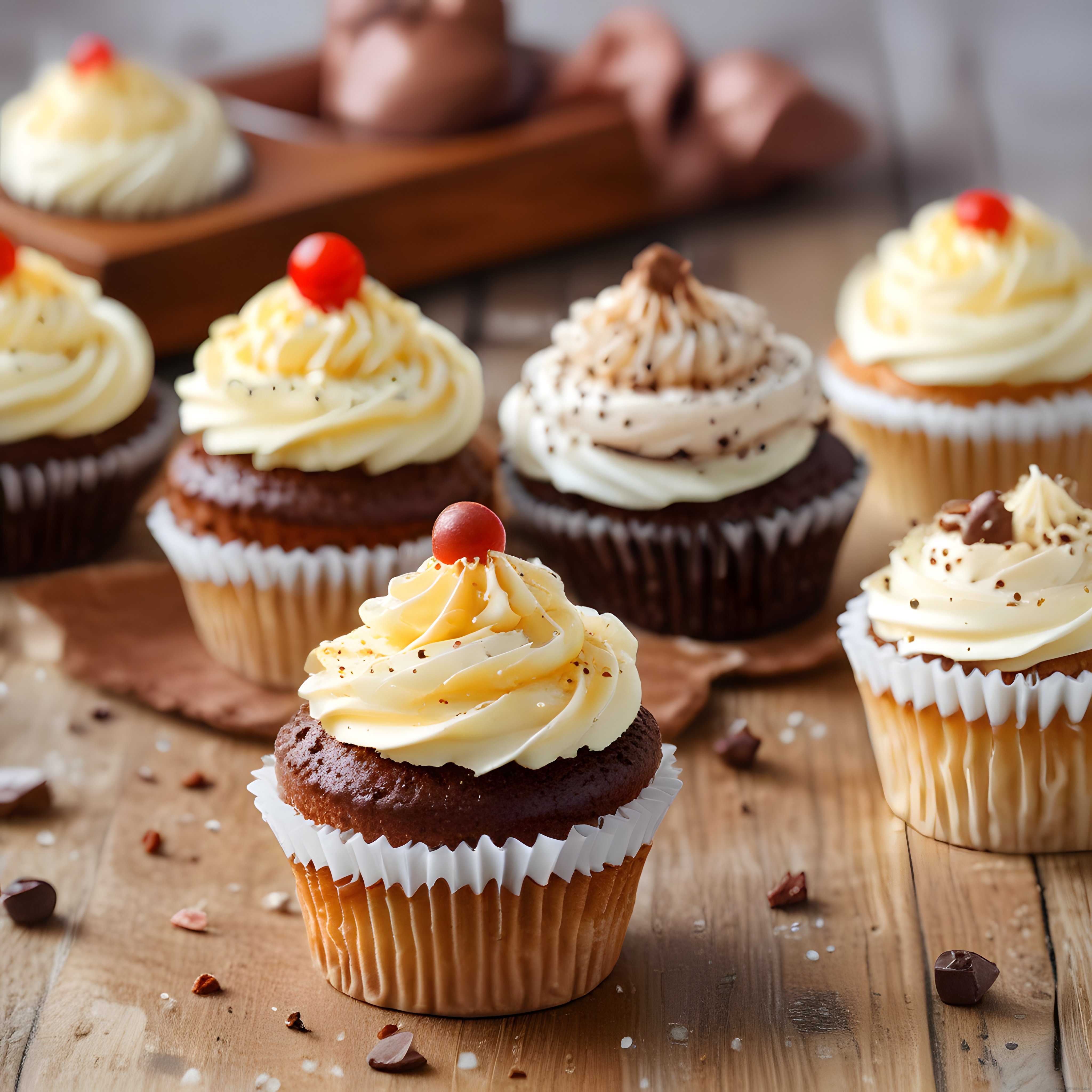Kremalı cupcakeler ve çikolatalı mini kekler: Rustik ahşap sunumda tatlı şölen