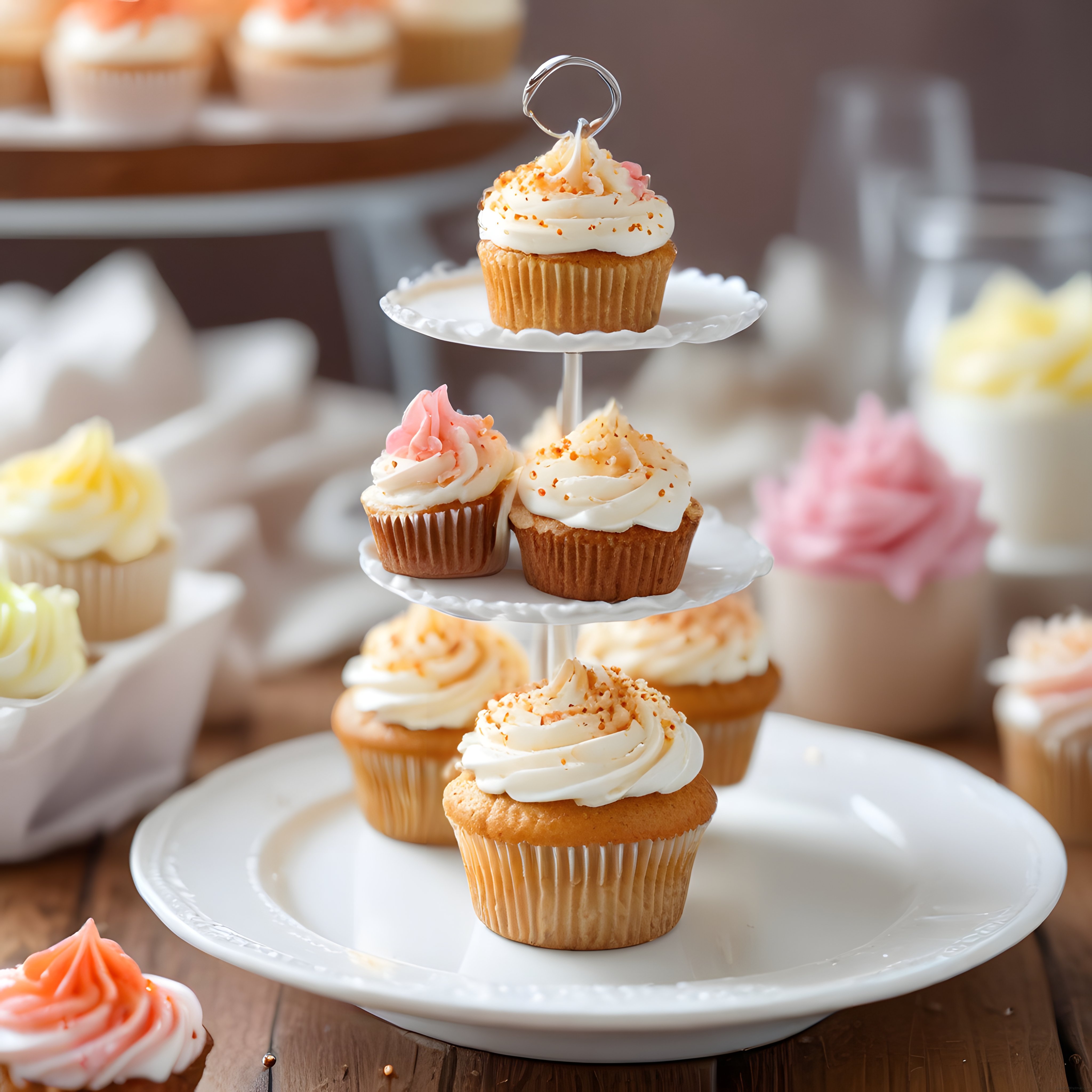 Kremalı cupcakelerle süslü üç katlı stand ve butik tatlı sunum düzeni