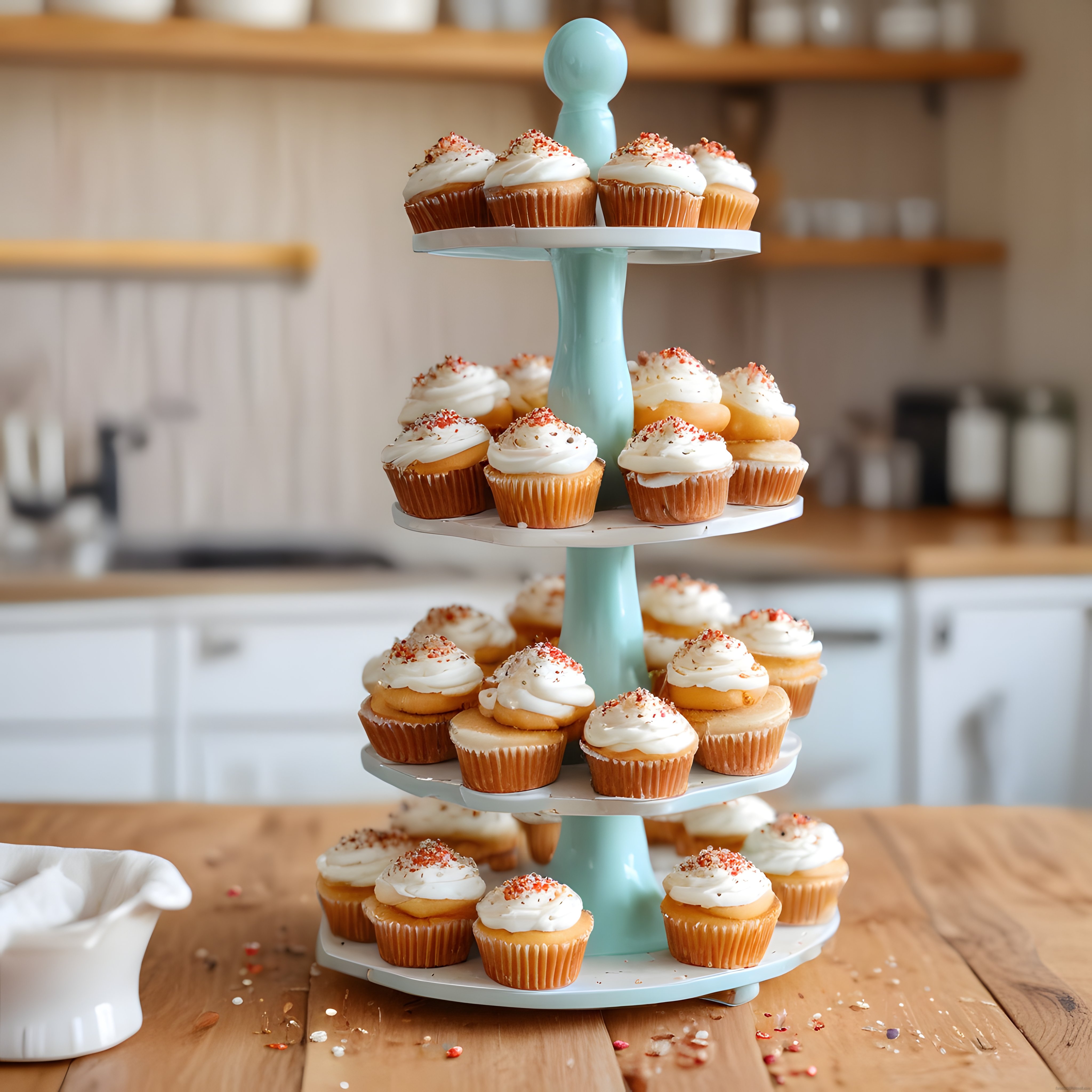 Kremalı Cupcakelerle Zarif 4 Katlı Sunum ve Sıcak Mutfak Atmosferi