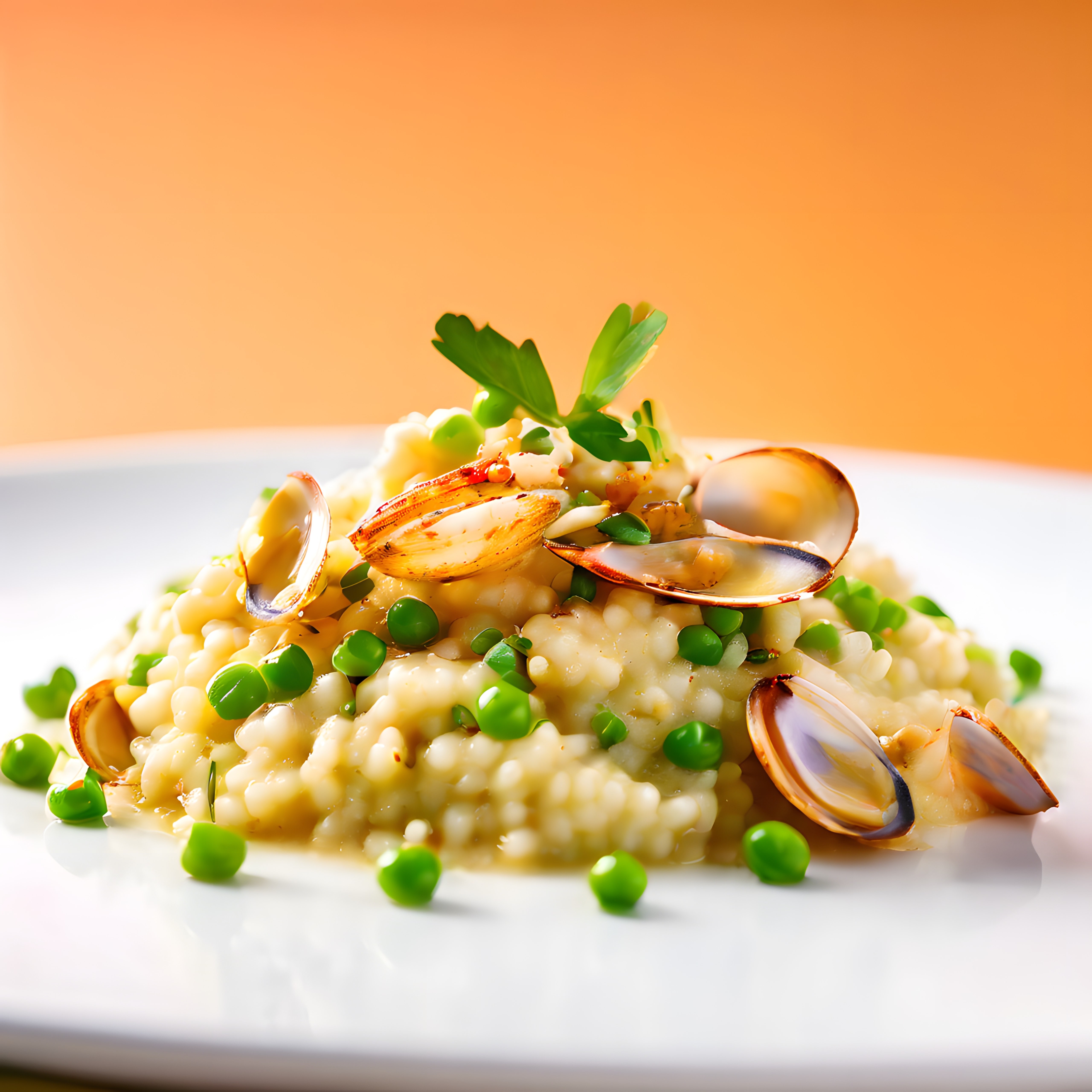 Kremalı Deniz Ürünlü ve Bezelyeli İtalyan Risotto Tabağı Sunumu