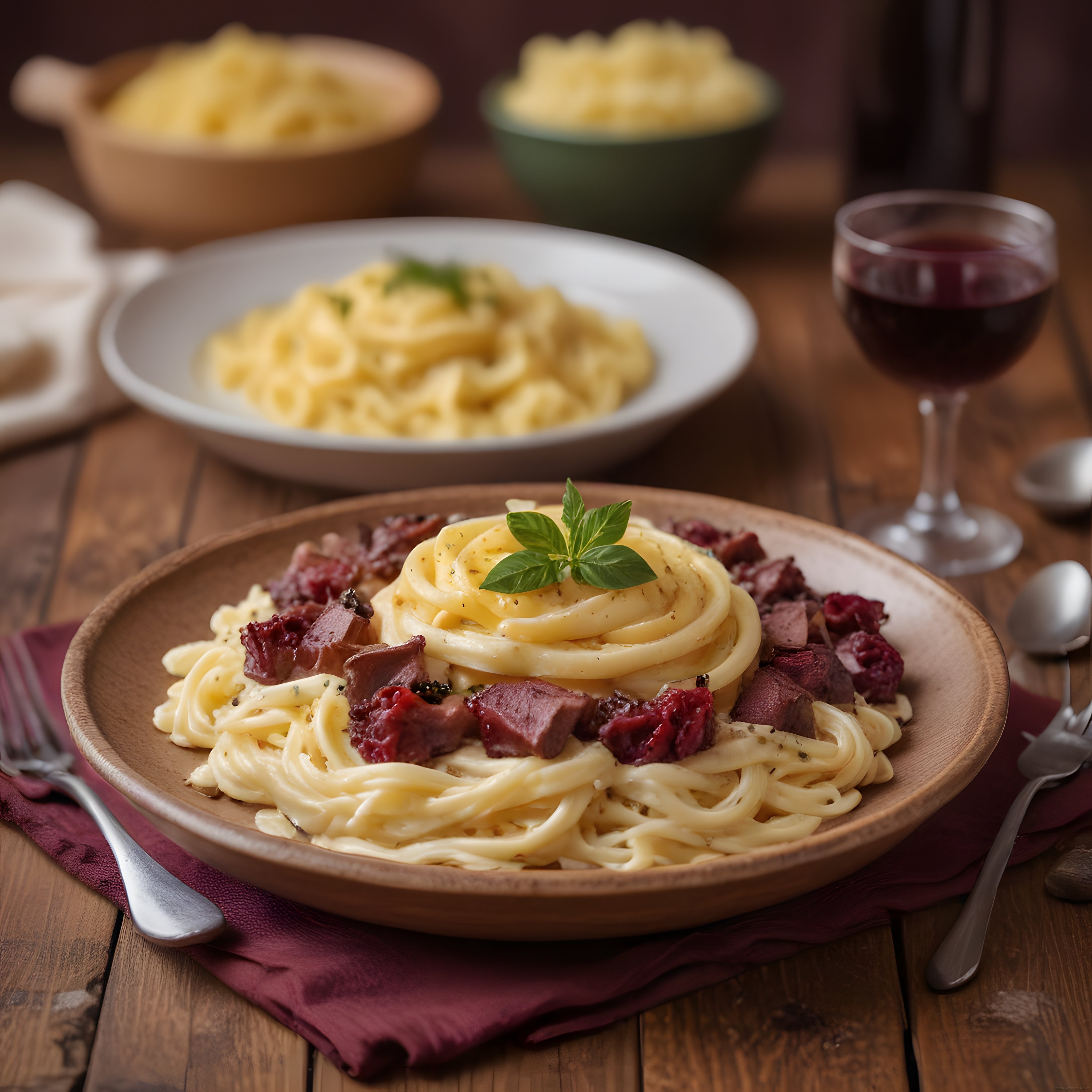 Kremalı Etli Spagetti Tarifi: Fesleğenli ve Rustik Ahşap Sunum