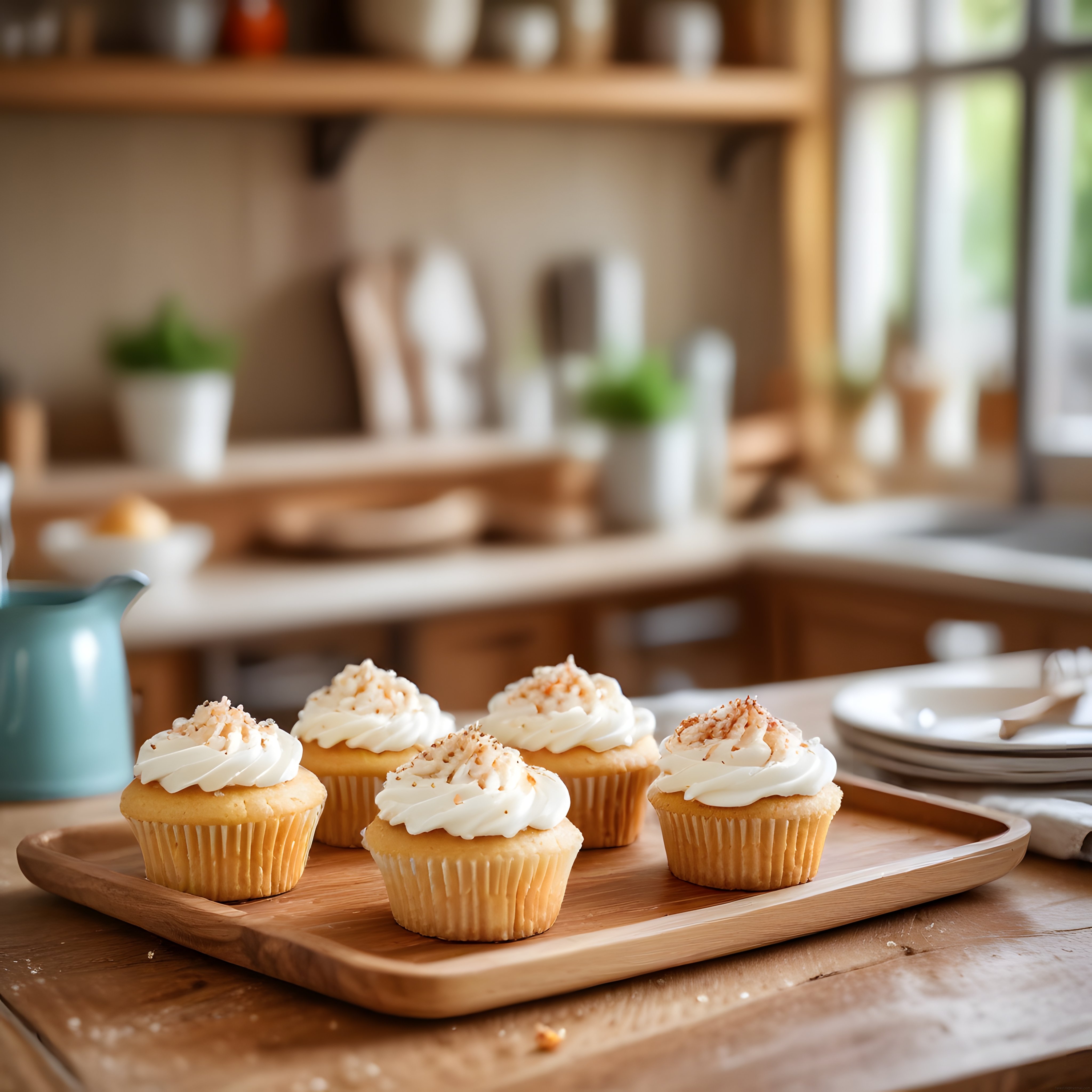 Kremalı Ev Yapımı Cupcake'ler ve Rustik Mutfak Ortamı: Tatlı Sunum Fikirleri