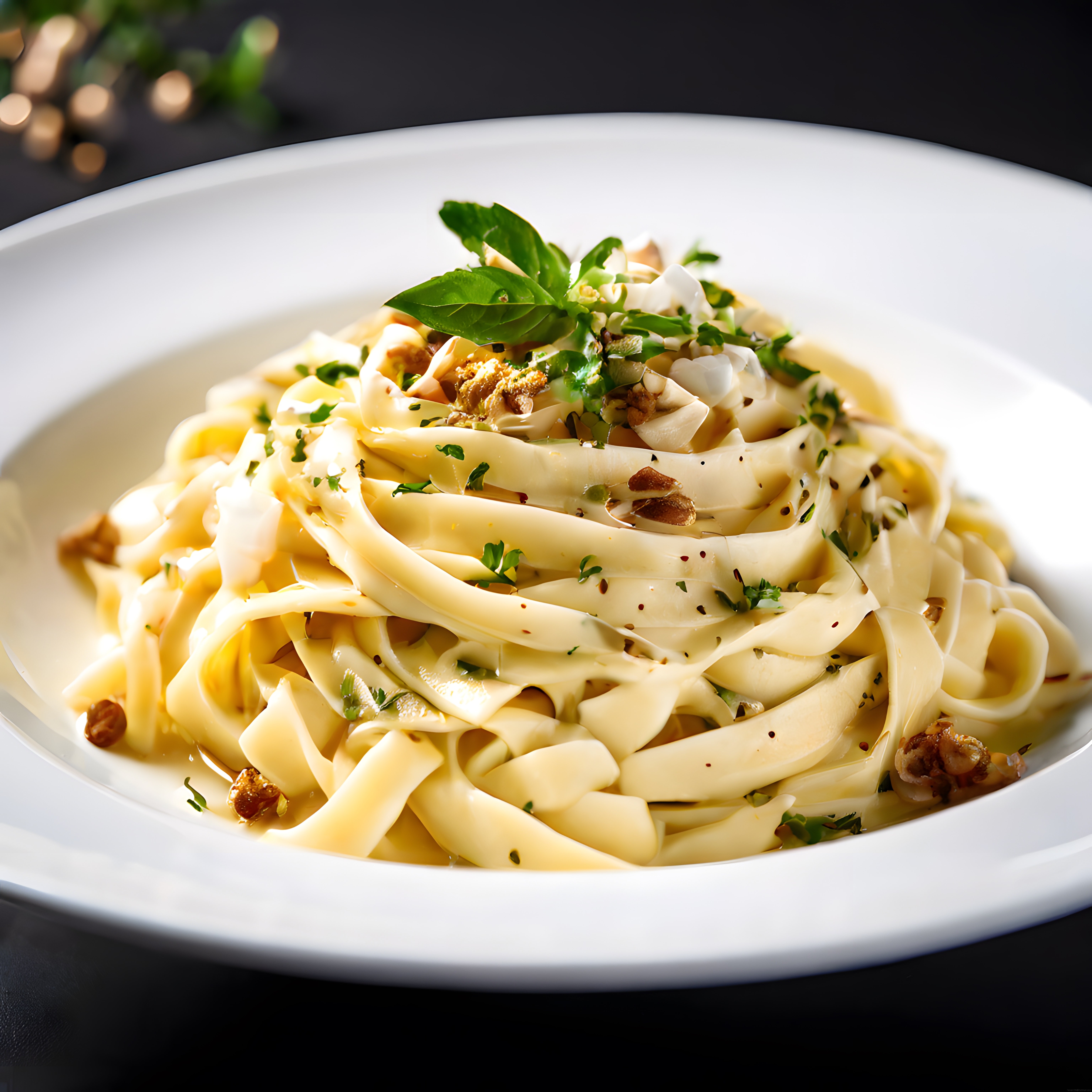 Kremalı Fettuccine Alfredo: Fesleğen ve Cevizli Makarna Sunumu