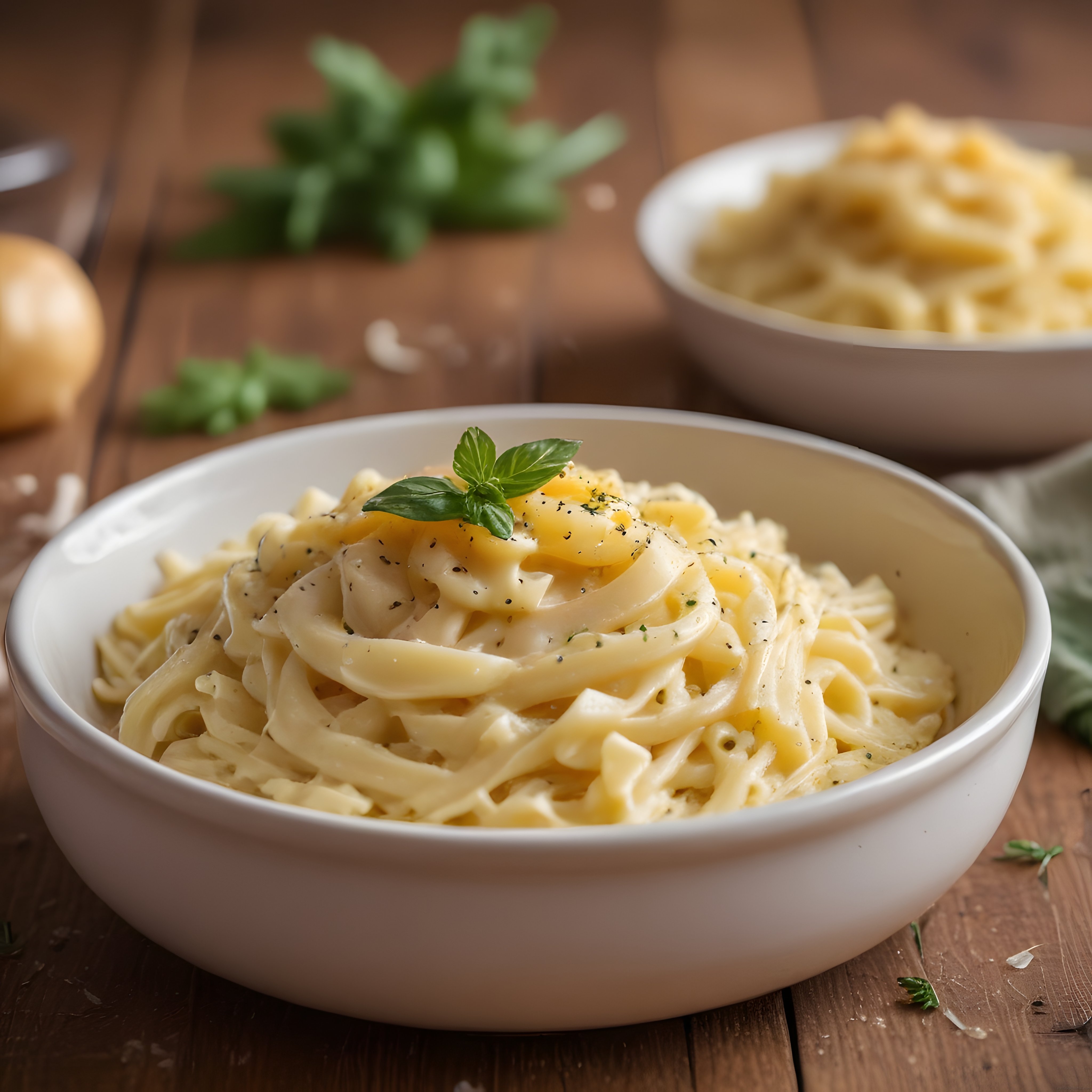 Kremalı Fettuccine Alfredo: Taze Fesleğen ve Peynirli Makarna Sunumu