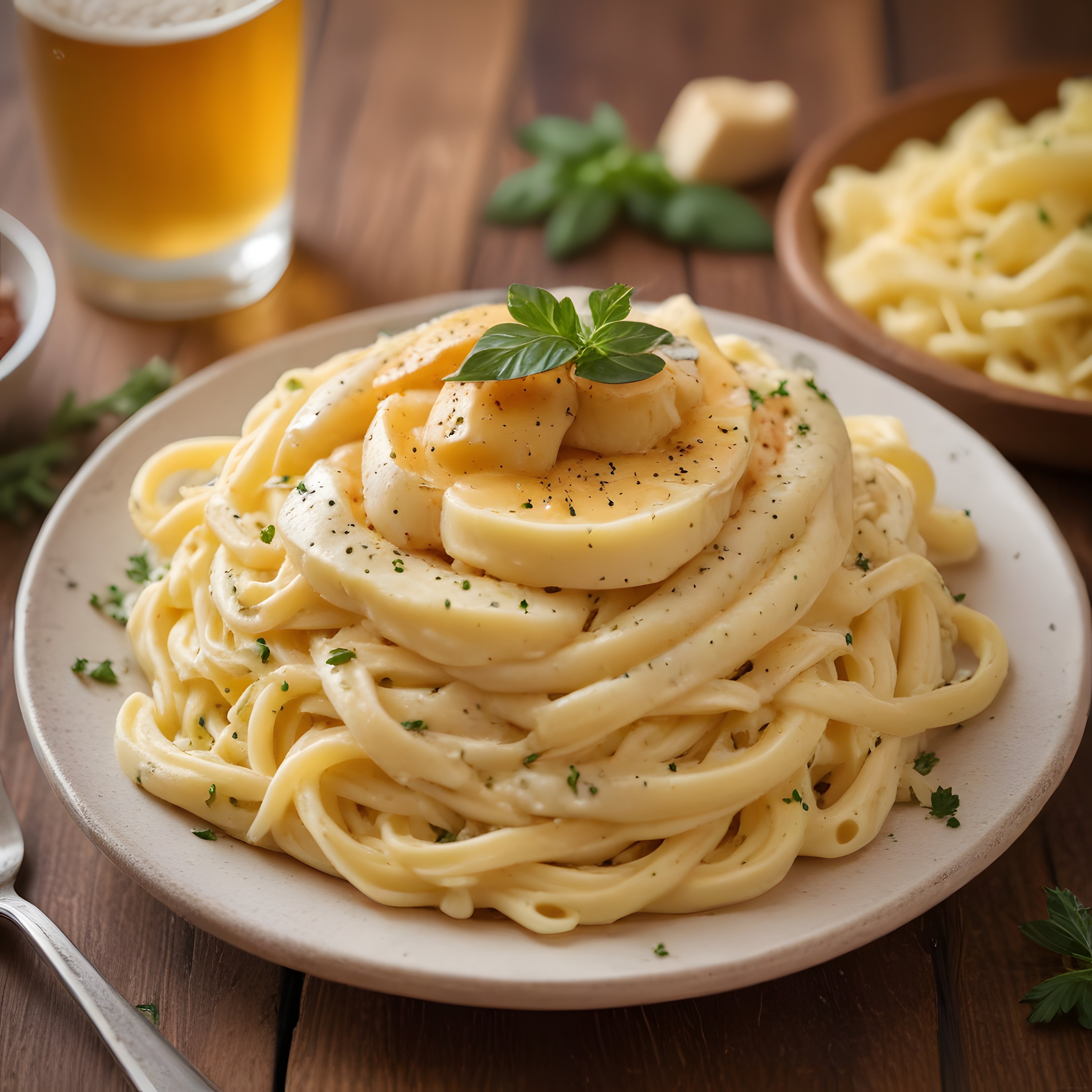 Kremalı Fetüccine Alfredo ve Taze Mozzarella Dilimleriyle İtalyan Makarna Sunumu