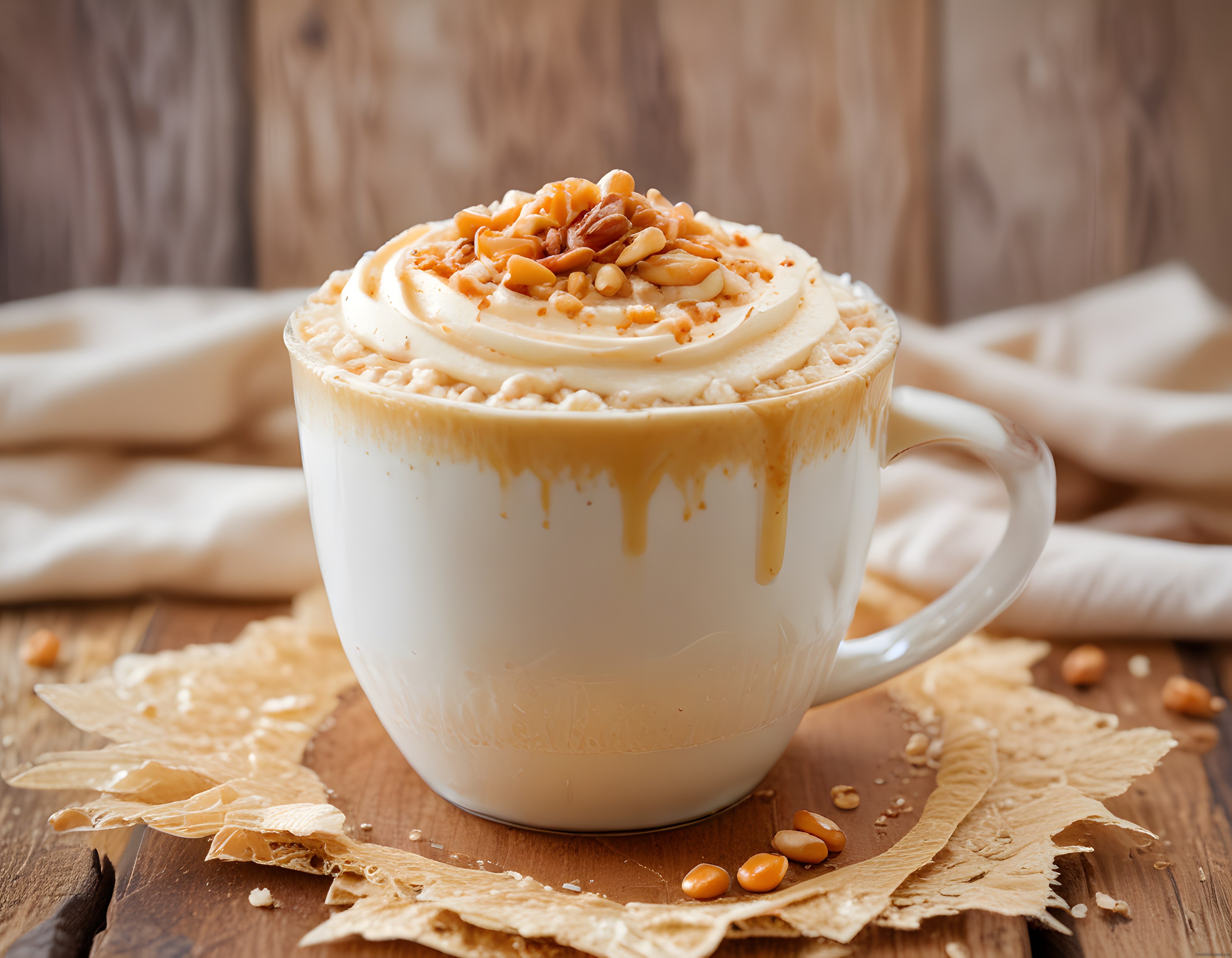 Kremalı Fıstıklı Karamelli Latte: Ahşap Masada Sıcacık İçecek Keyfi