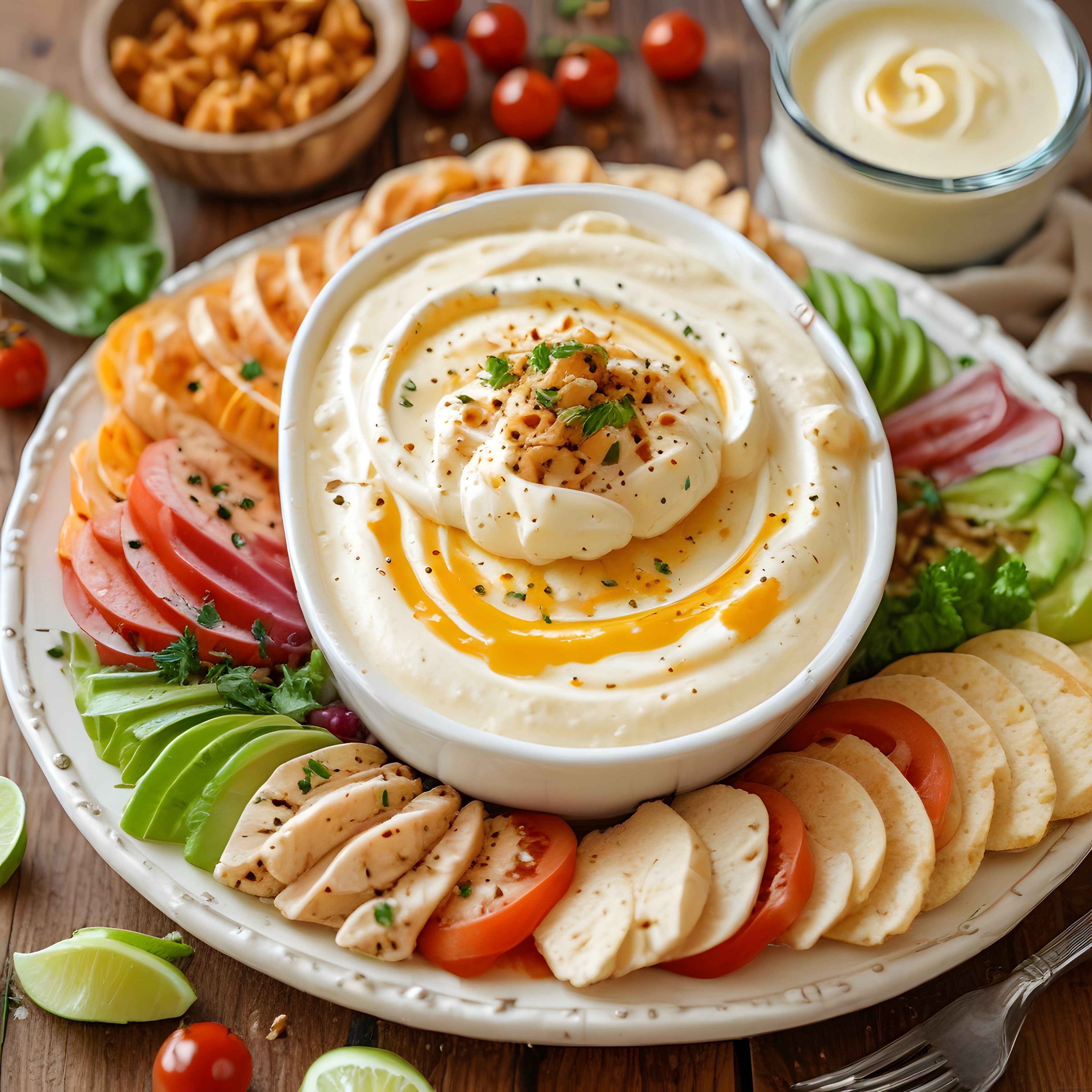 Kremalı humus, ızgara tavuk ve avokadolu protein dolu atıştırmalık tabağı