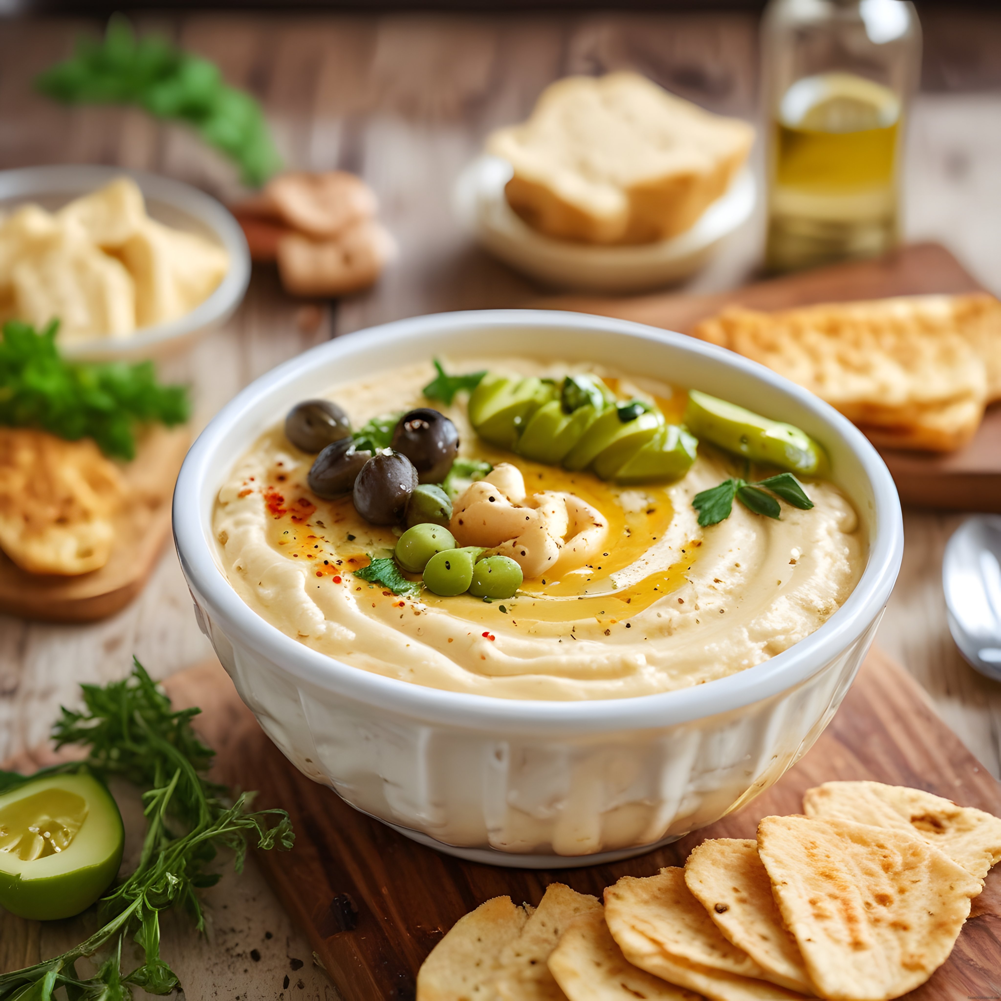 Kremalı Humus Kasesi: Avokado, Zeytin ve Krakerlerle Nefis Sunum