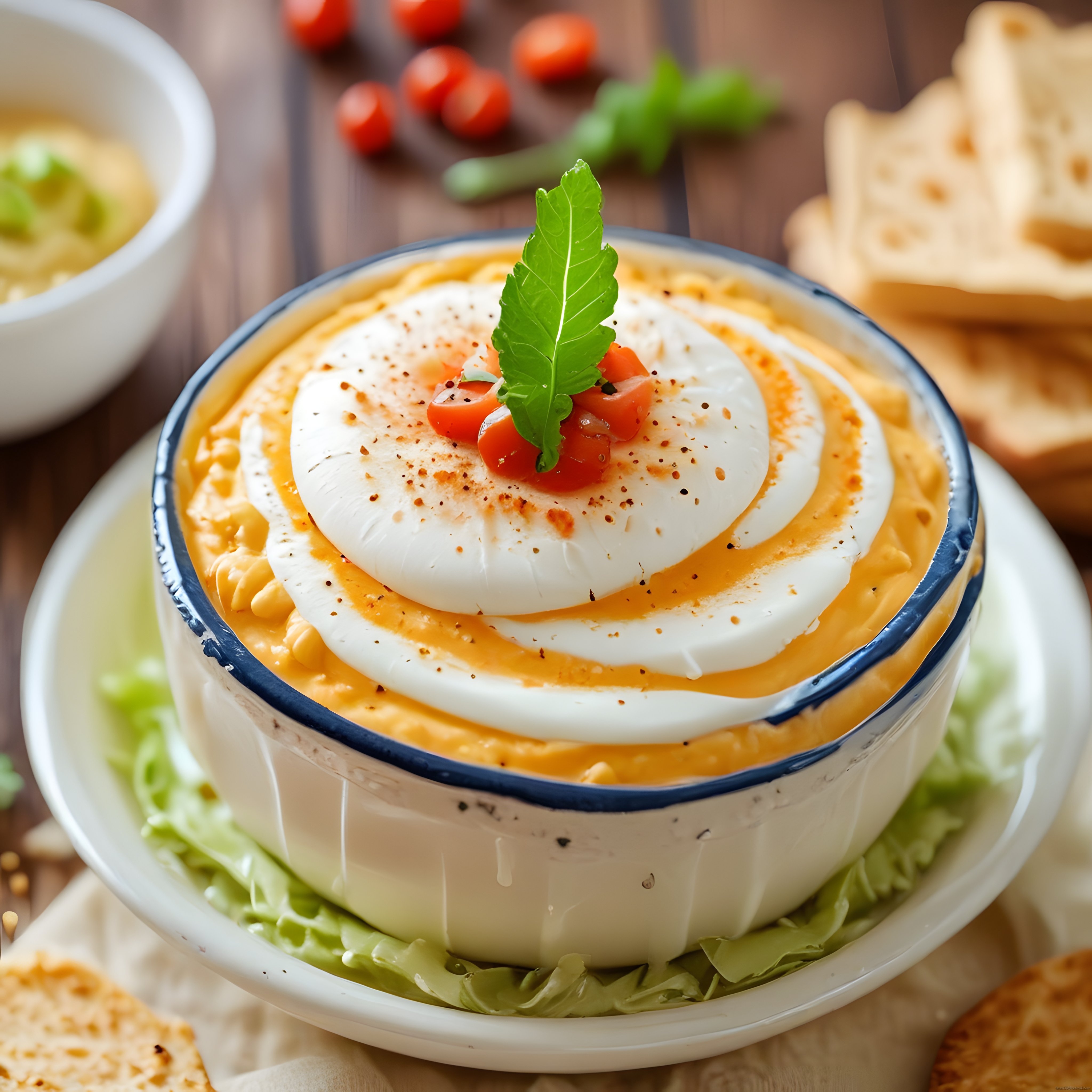 Kremalı Humus Kasesi Üzerinde Haşlanmış Yumurta ve Domates Süslemesi