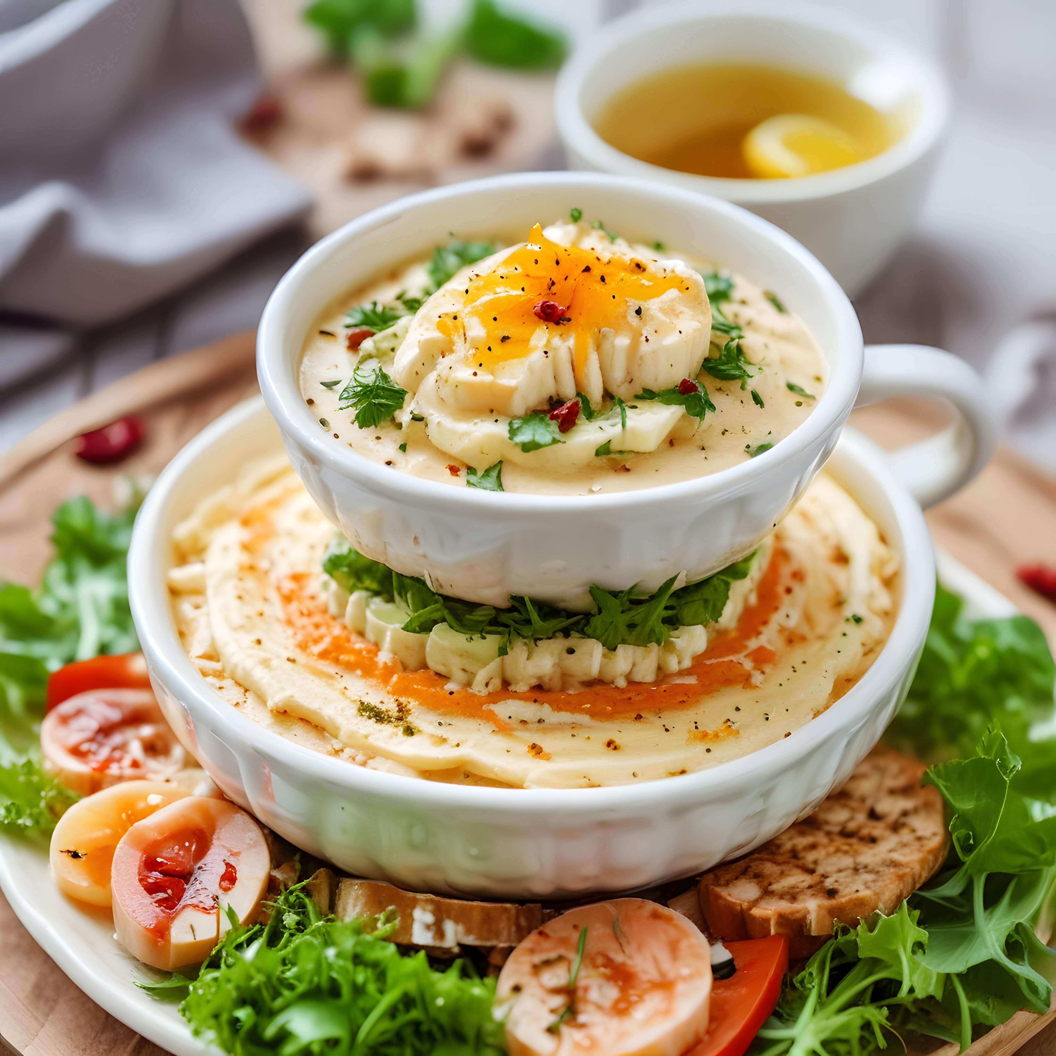 Kremalı Humus Kasesi Üzerinde Haşlanmış Yumurta ve Taze Yeşilliklerle Sunum