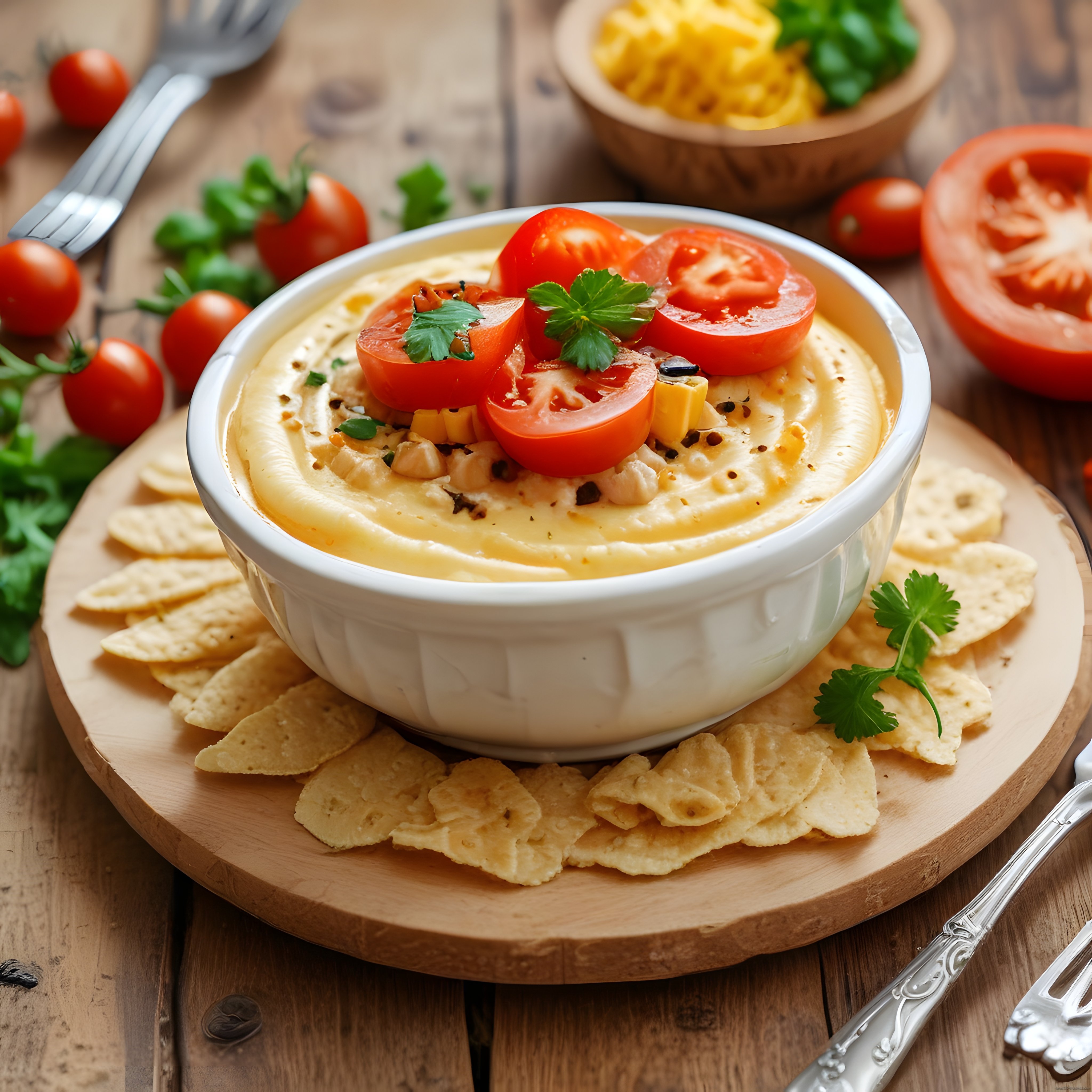 Kremalı humus ve tortilla cipslerinden oluşan sağlıklı atıştırmalık sunumu