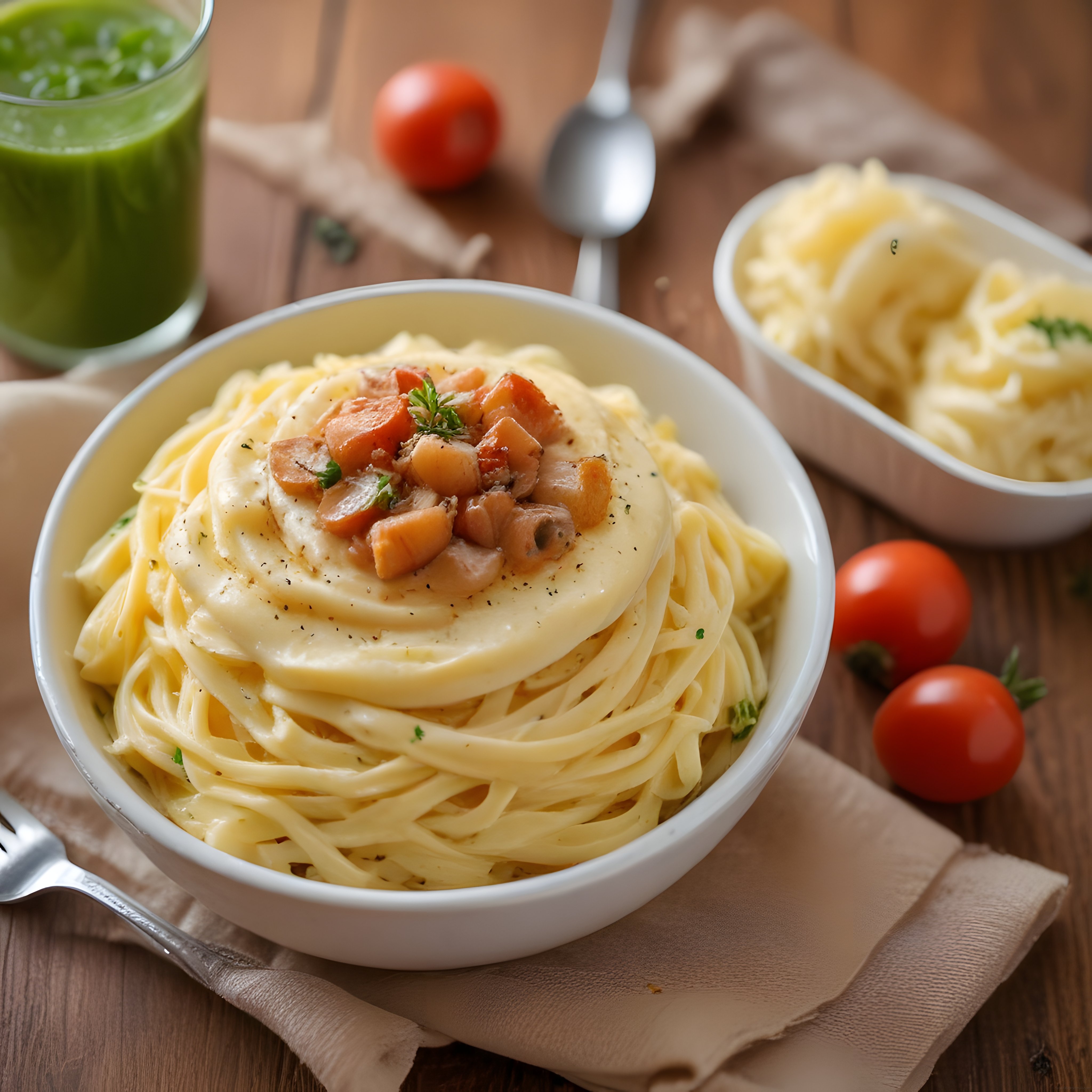 Kremalı İtalyan Makarnası: Rustik Ahşap Masada Lezzetli Spaghetti Sunumu