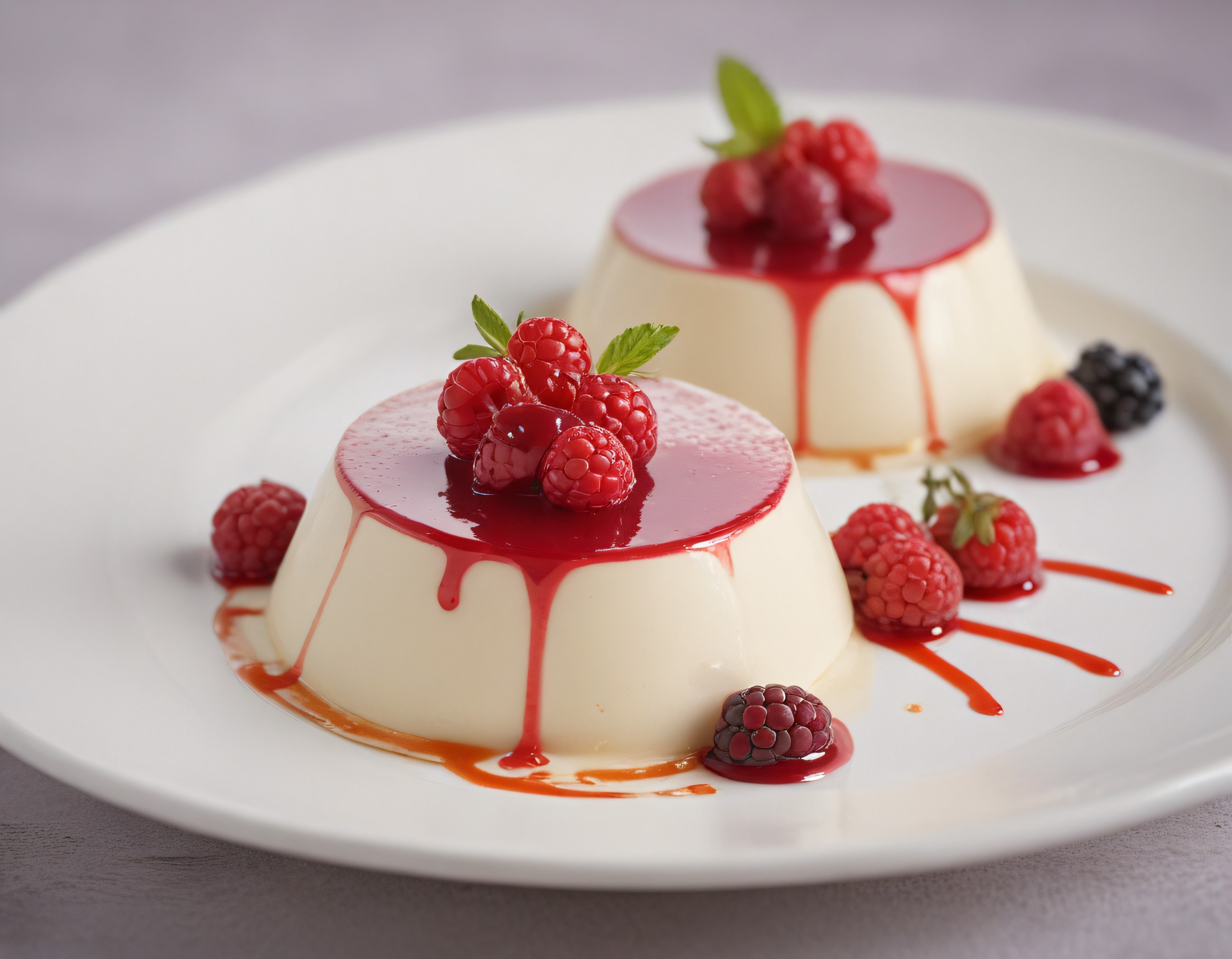 Kremalı İtalyan Panna Cotta Taze Ahududu ve Böğürtlen Sosu ile Sunum