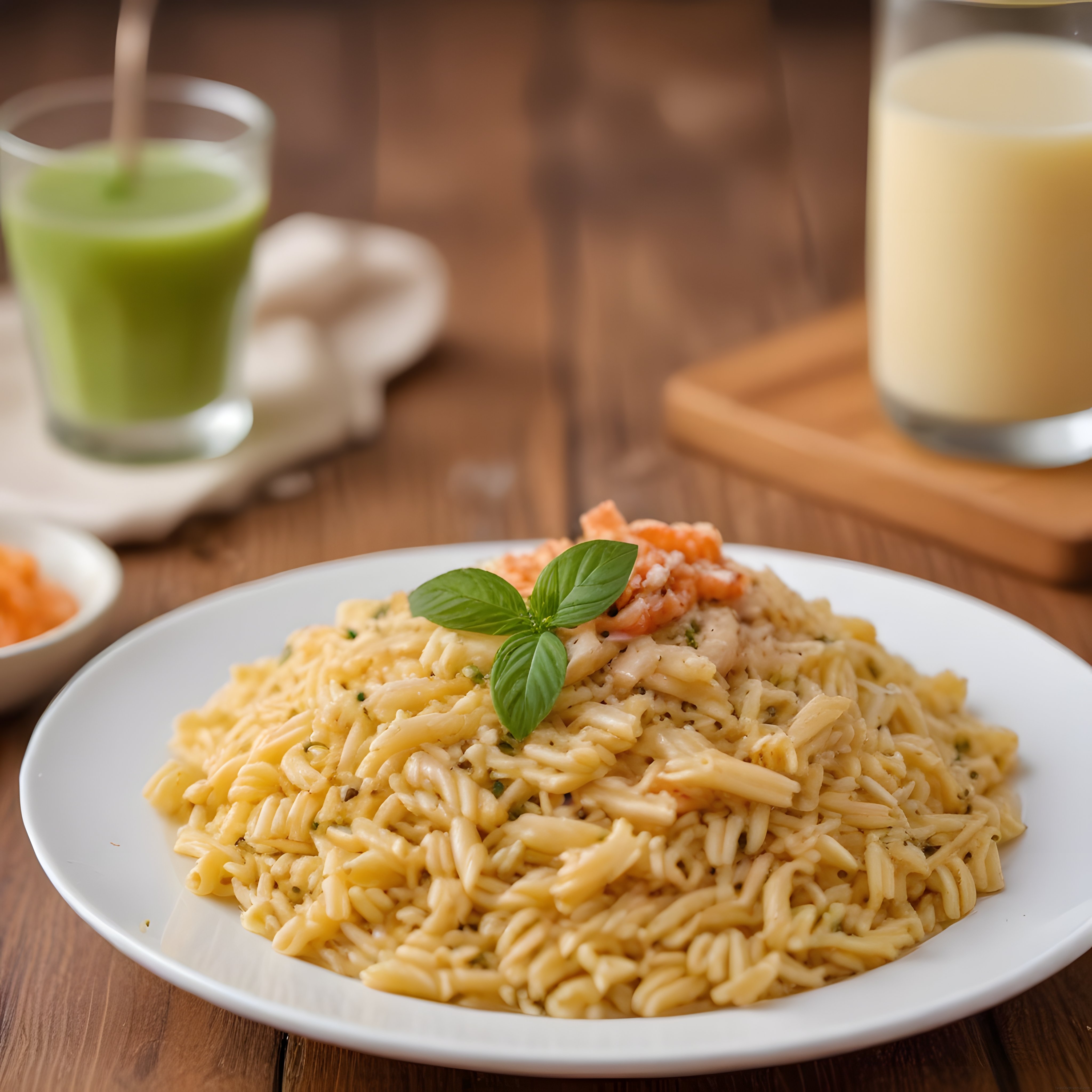 Kremalı makarna fesleğen ile süslenmiş somonlu orzo ve renkli içecekler