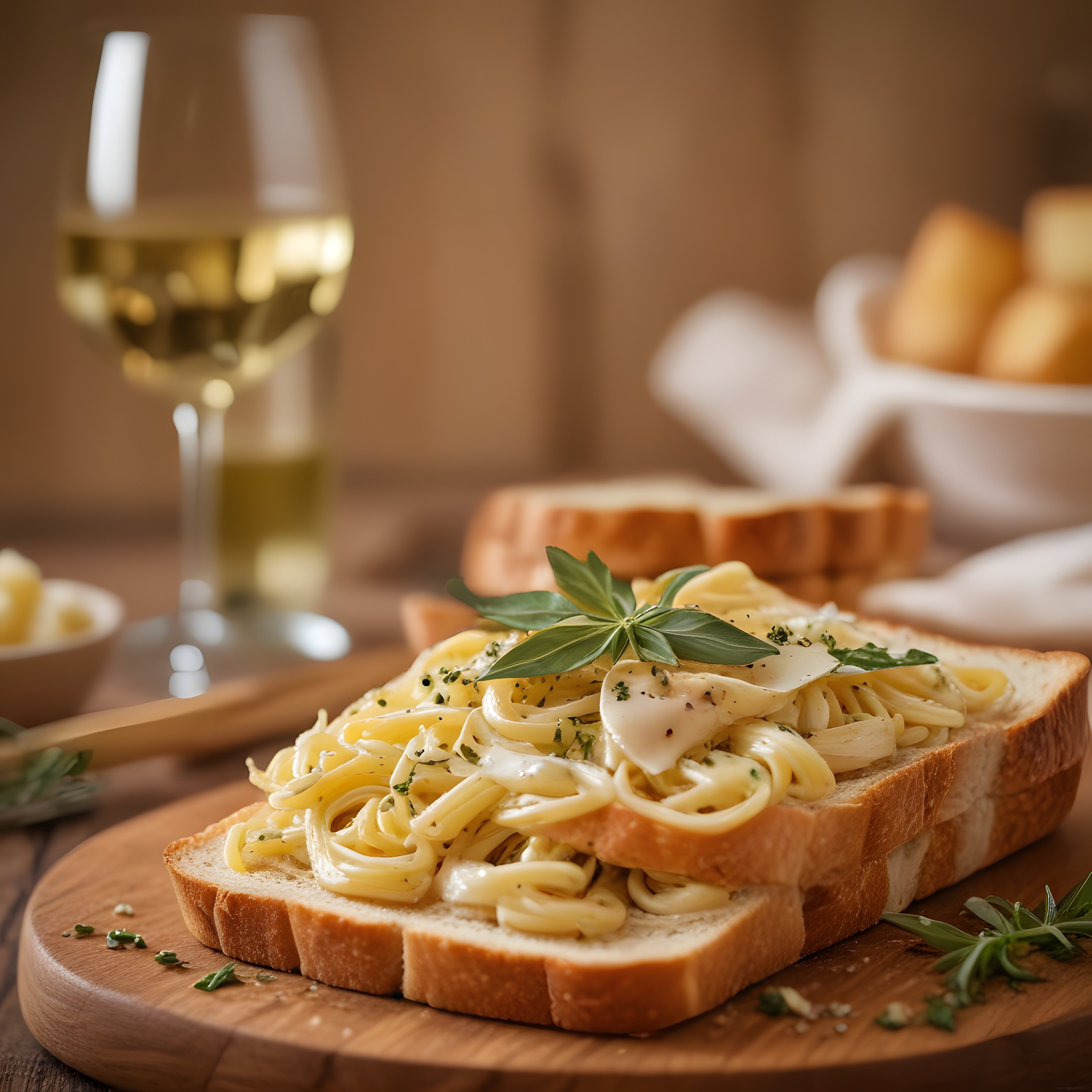 Kremalı Makarnalı Tost Üzerinde Taze Fesleğen ve Peynir ile Şık Sunum