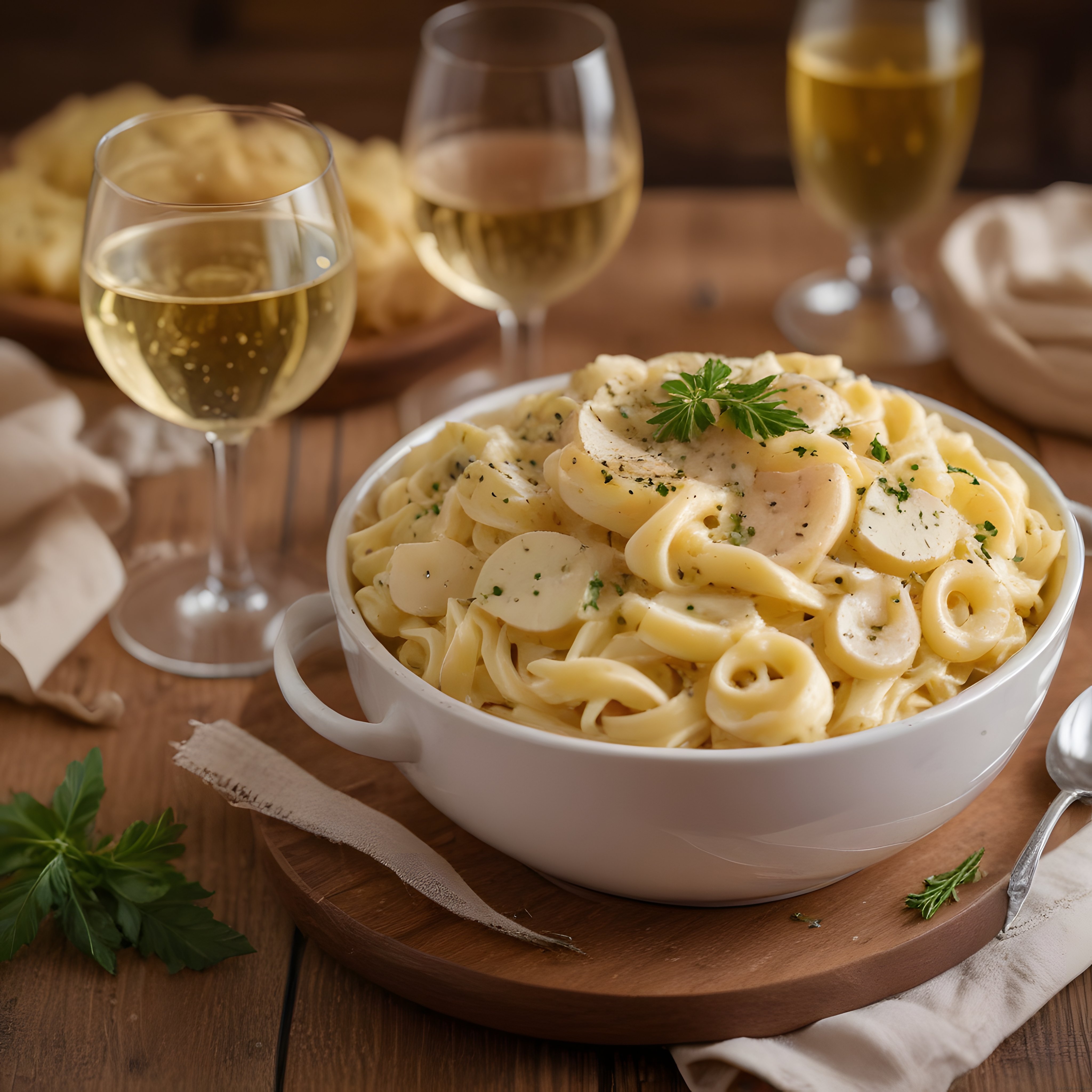 Kremalı Mantarlı Fettucine Makarna ve Beyaz Şarap Eşliğinde Rustik Sunum
