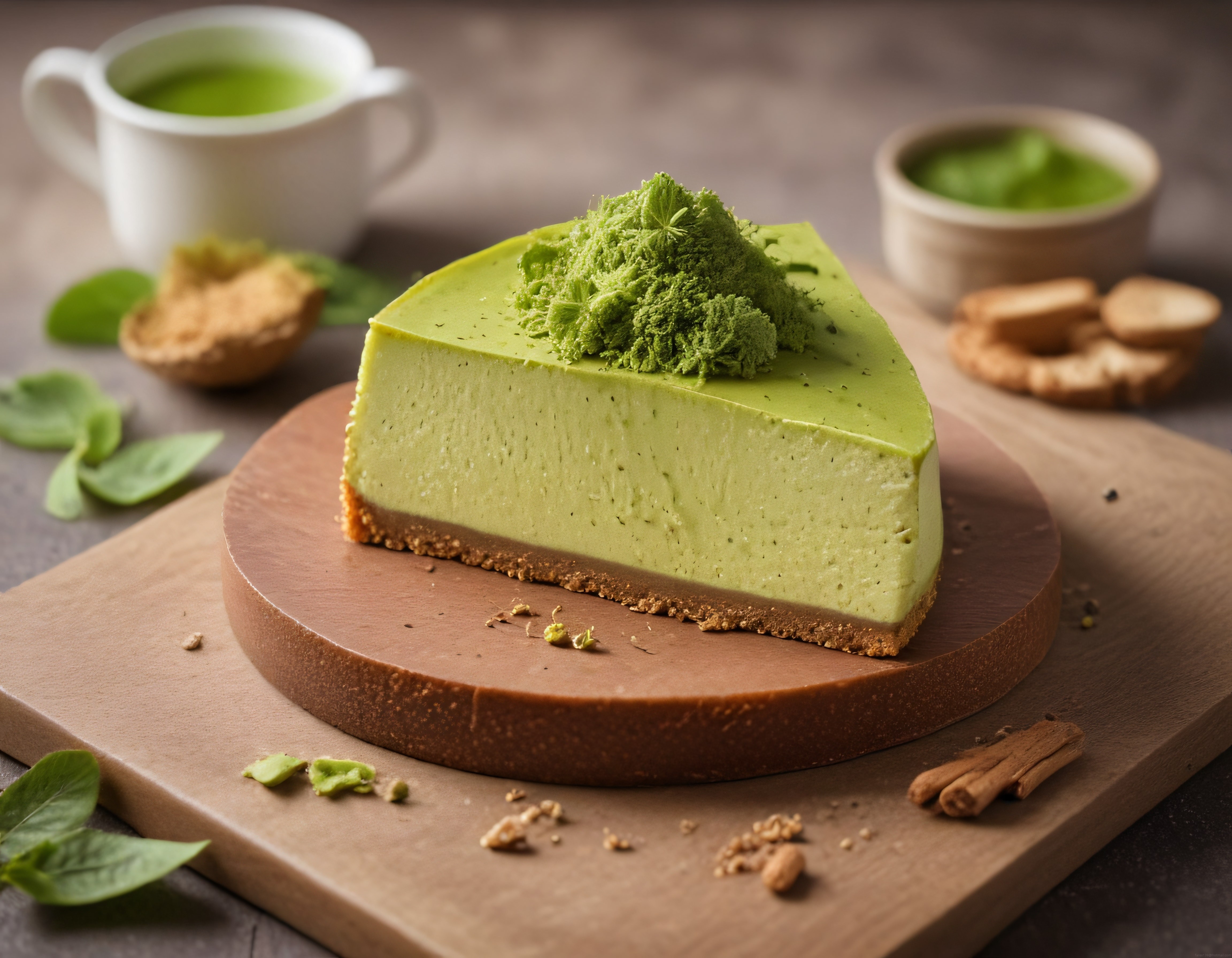 Kremalı Matcha Cheesecake Dilimi ve Sıcak Yeşil Çay Sunumu