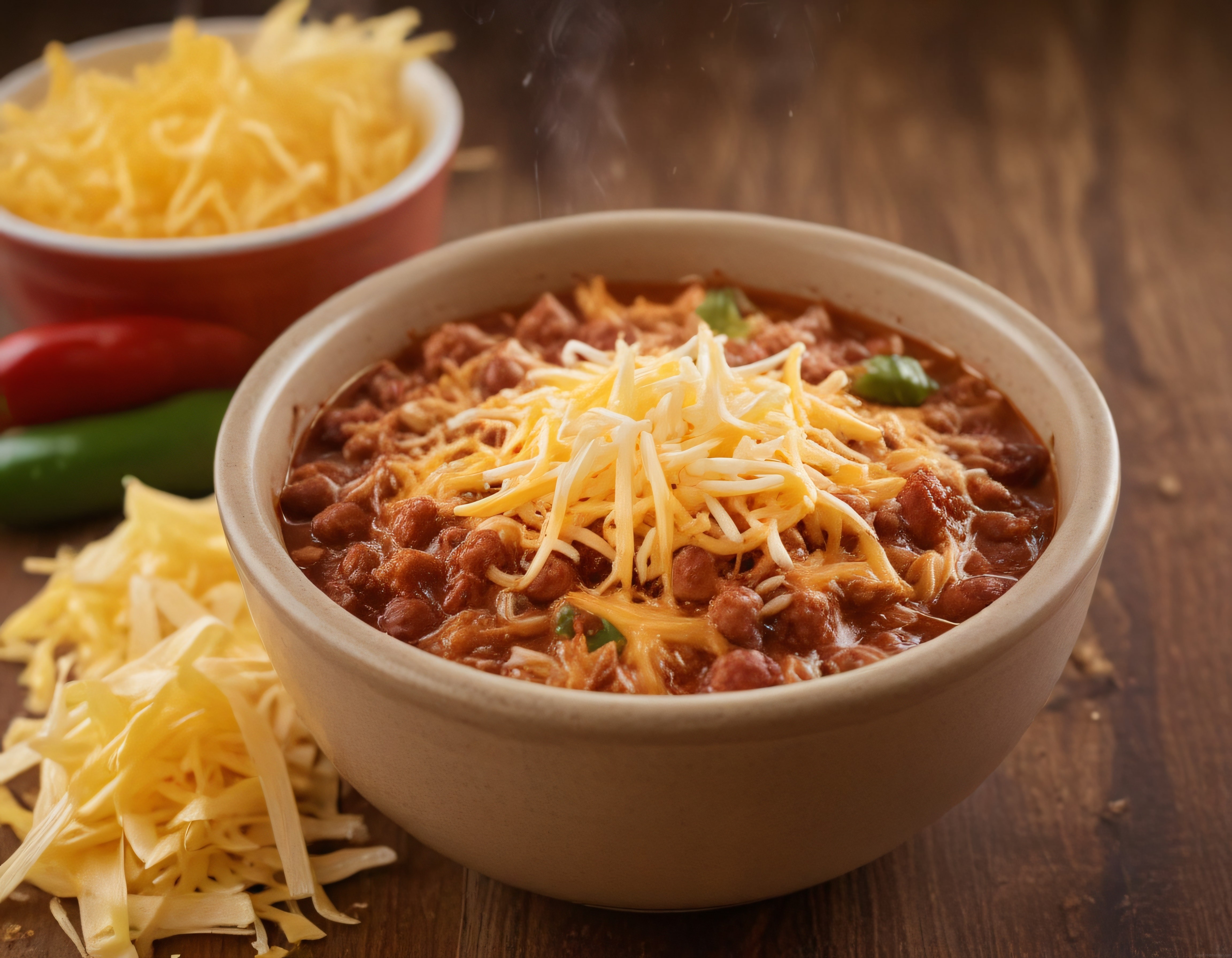 Kremalı Meksika Usulü Acılı Chili Con Carne ve Rende Peynir ile Sunum