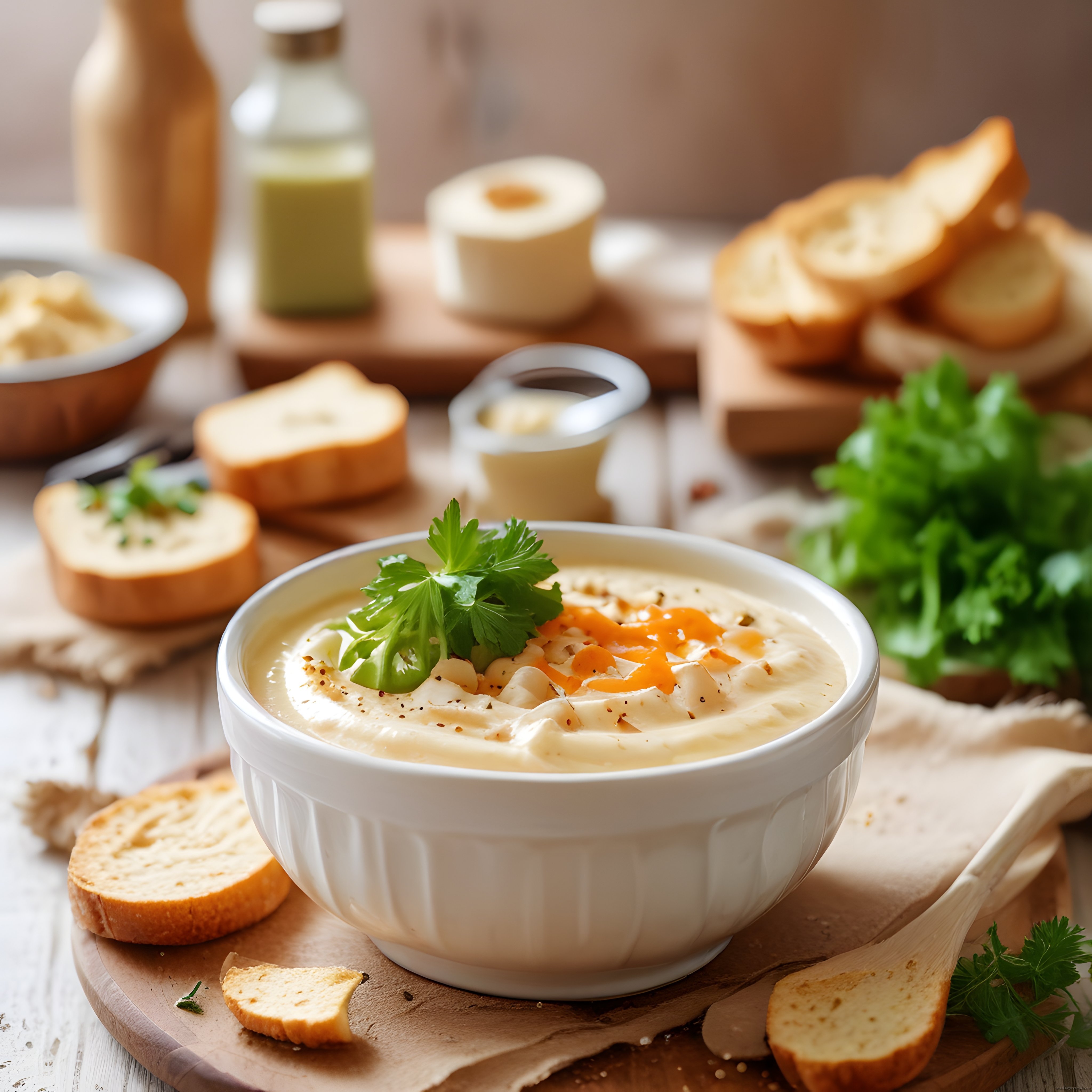 Kremalı Meze Sosu ve Kızarmış Baget Dilimleriyle Şık Rustik Kahvaltı Sunumu