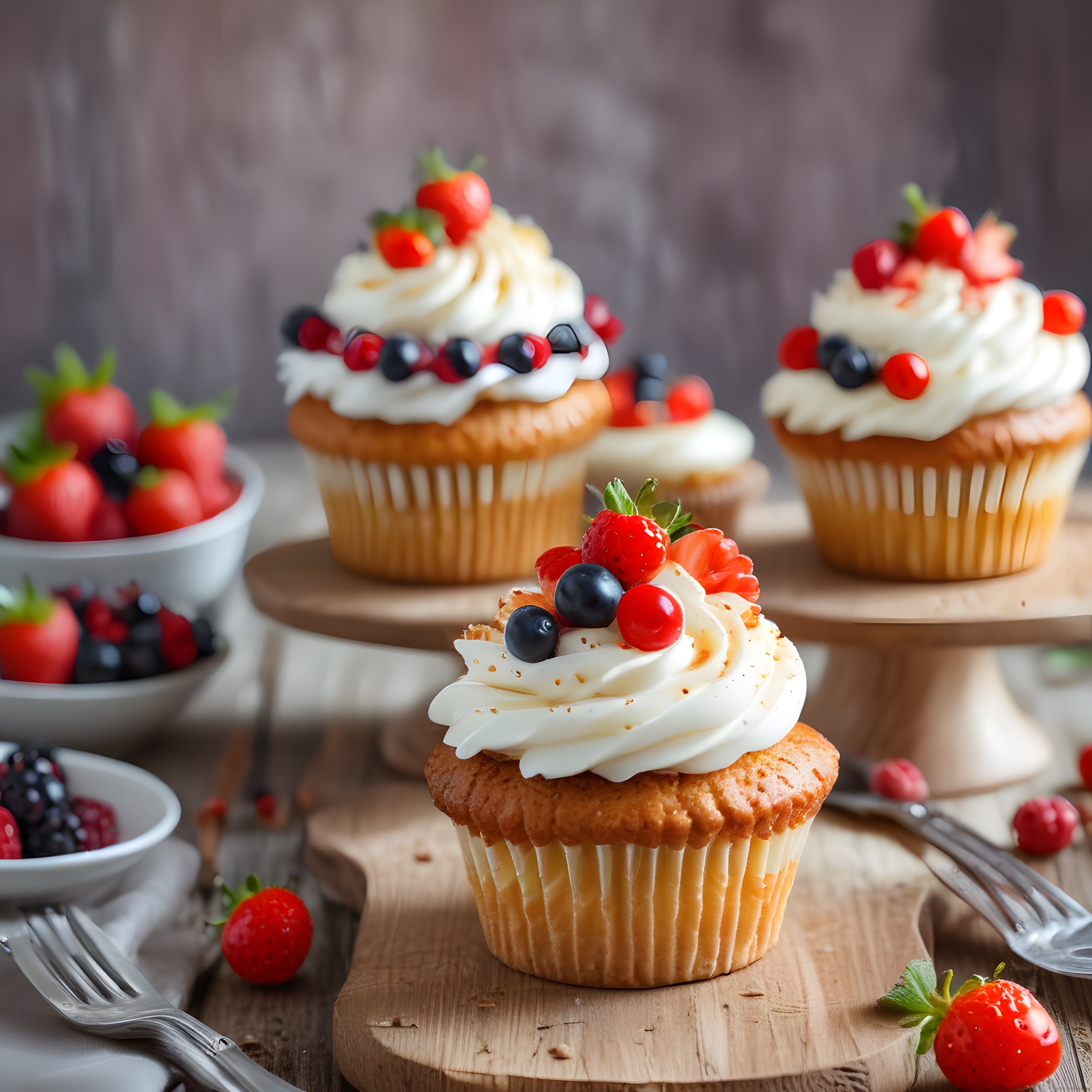 Kremalı Orman Meyveli Cupcake'ler: Rustik Mutfak Ambiyansında Tatlı Sunum