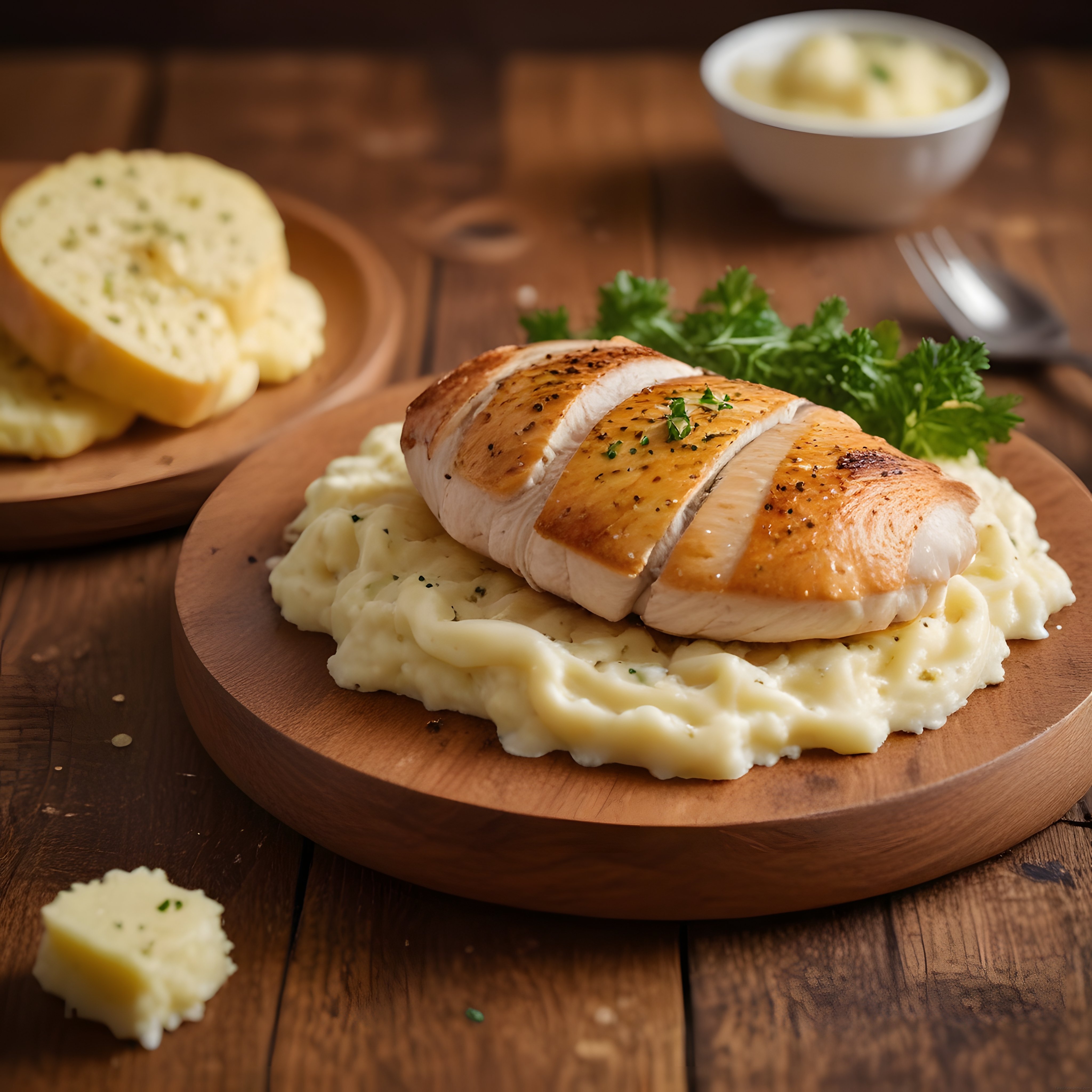 Kremalı patates püresi üzerinde baharatlı ızgara tavuk göğsü servisi