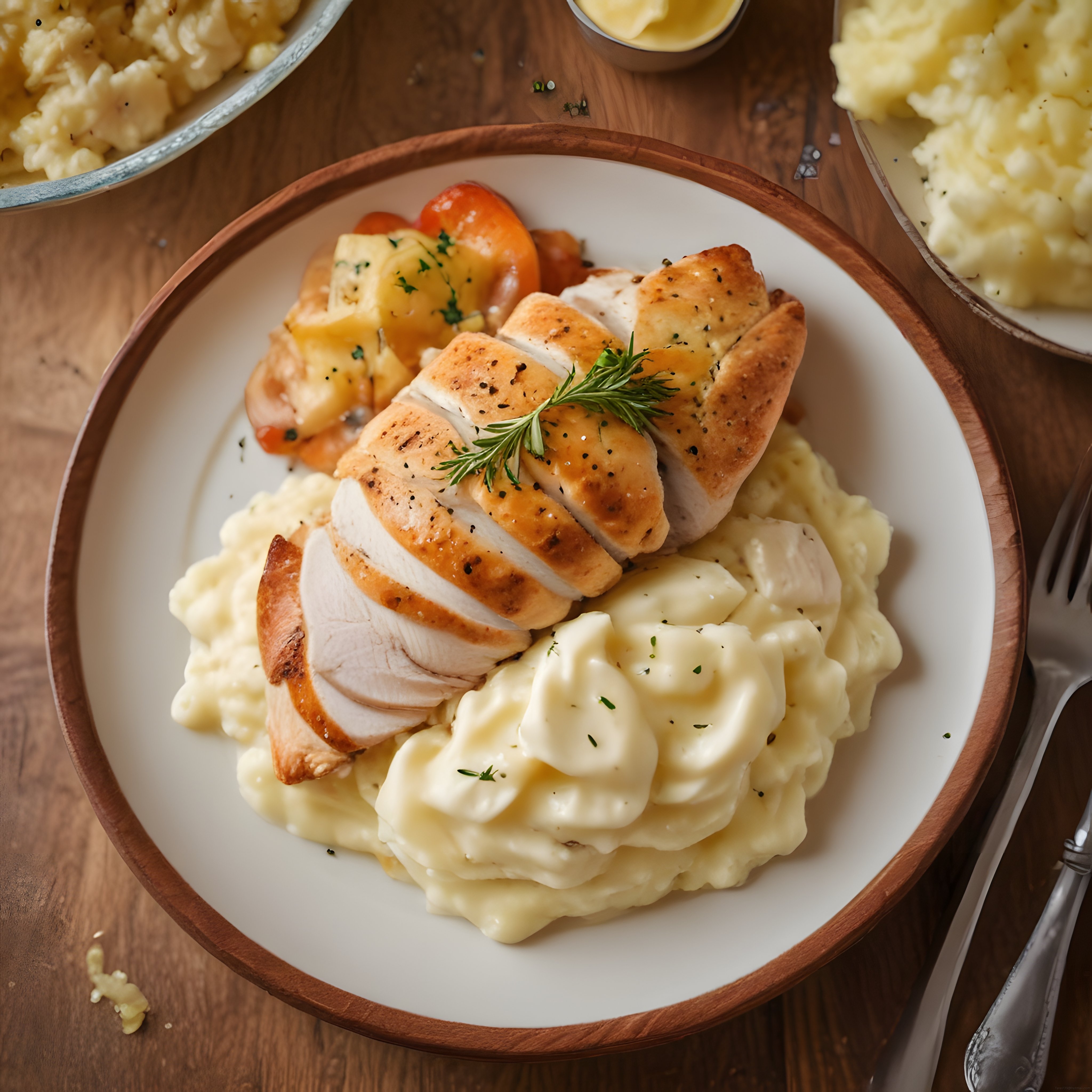 Kremalı Patates Püresi Üzerinde Biberiyeli Tavuk Göğsü ve Gravy Sos