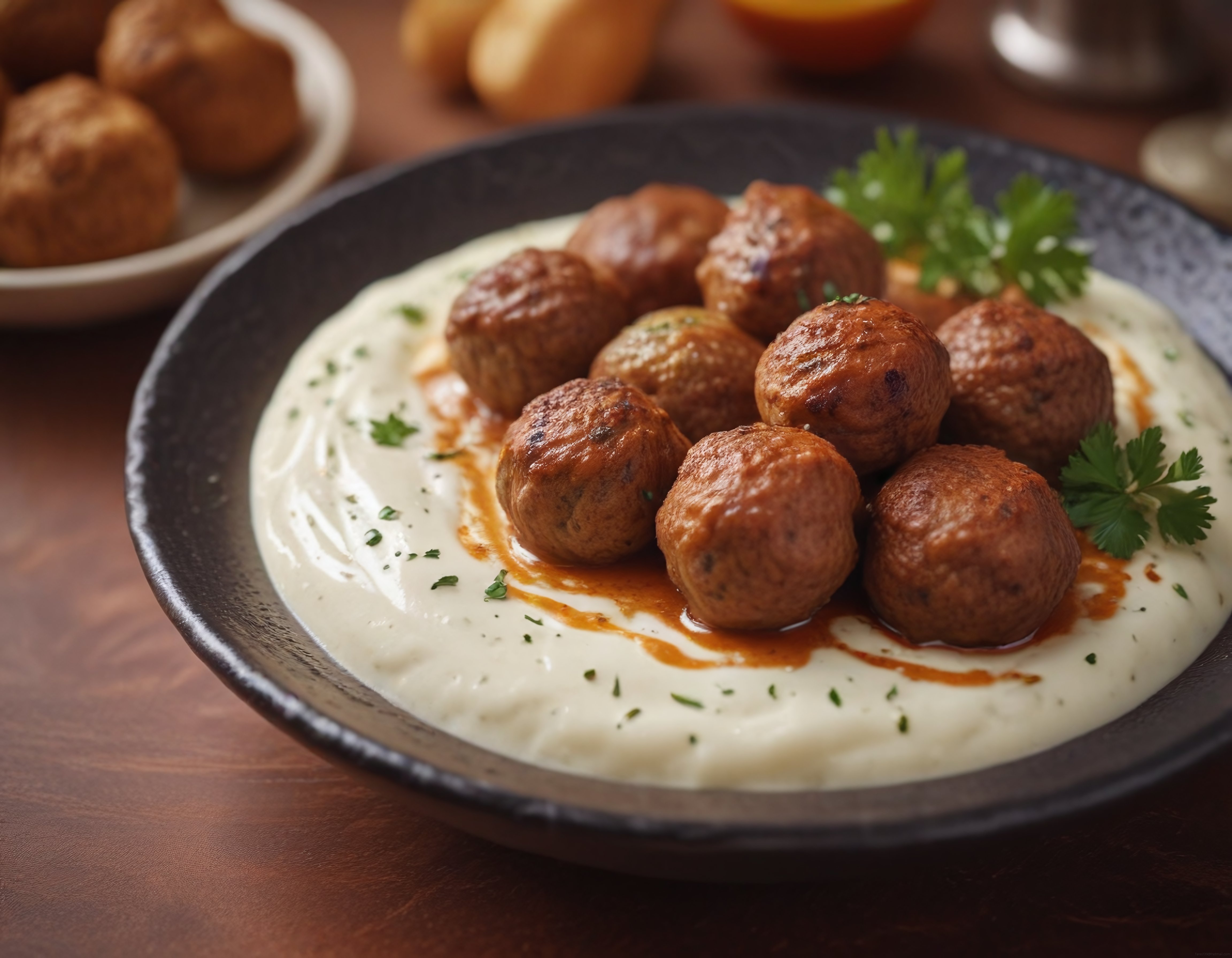 Kremalı Patates Püresi Üzerinde Soslu Köfte ile Nefis Yemek Sunumu