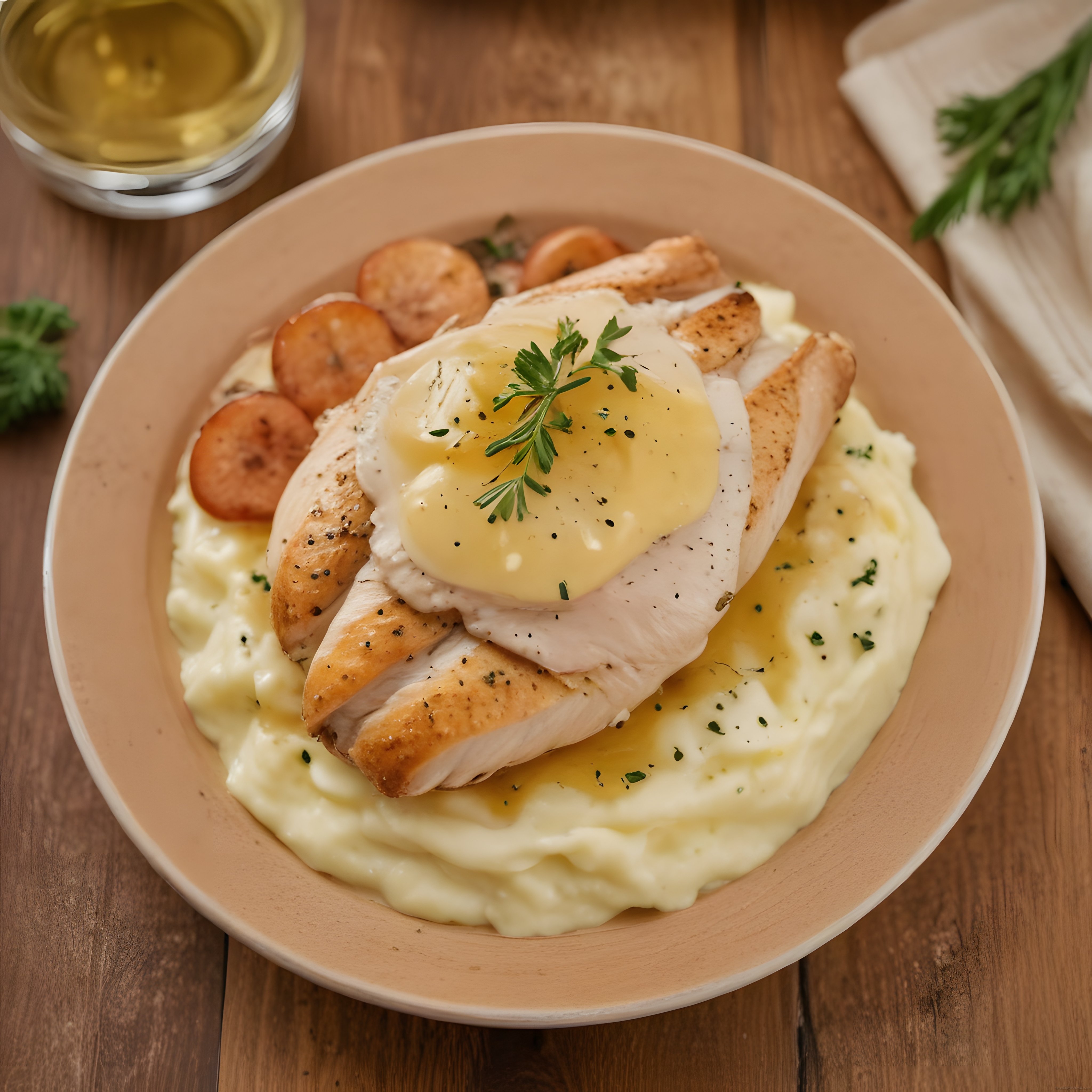 Kremalı Patates Püresi ve Hollandez Soslu Tavuk Göğsü Tabak Sunumu