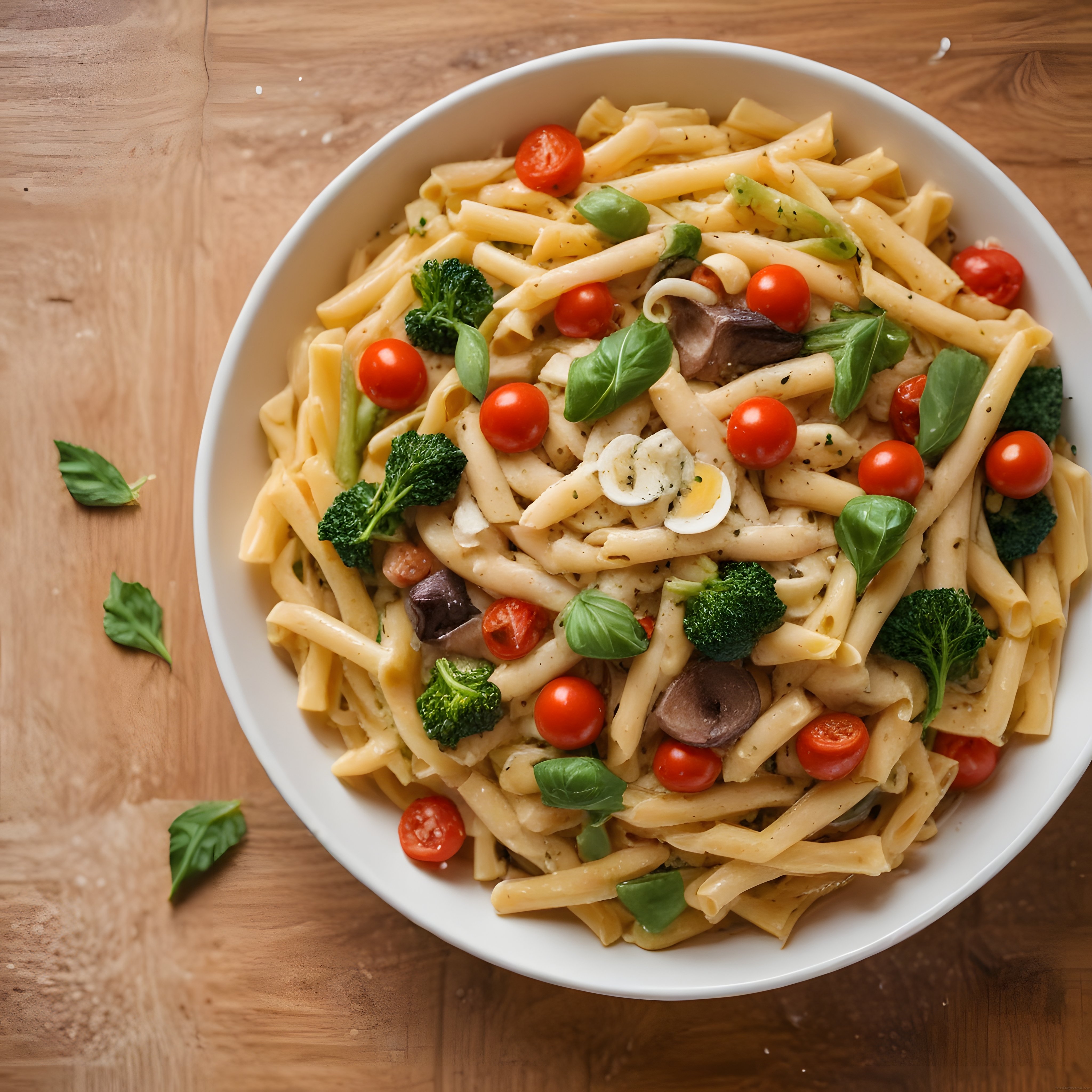 Kremalı Penne Makarna Tabağı: Domates, Brokoli ve Fesleğenle Renkli Sunum