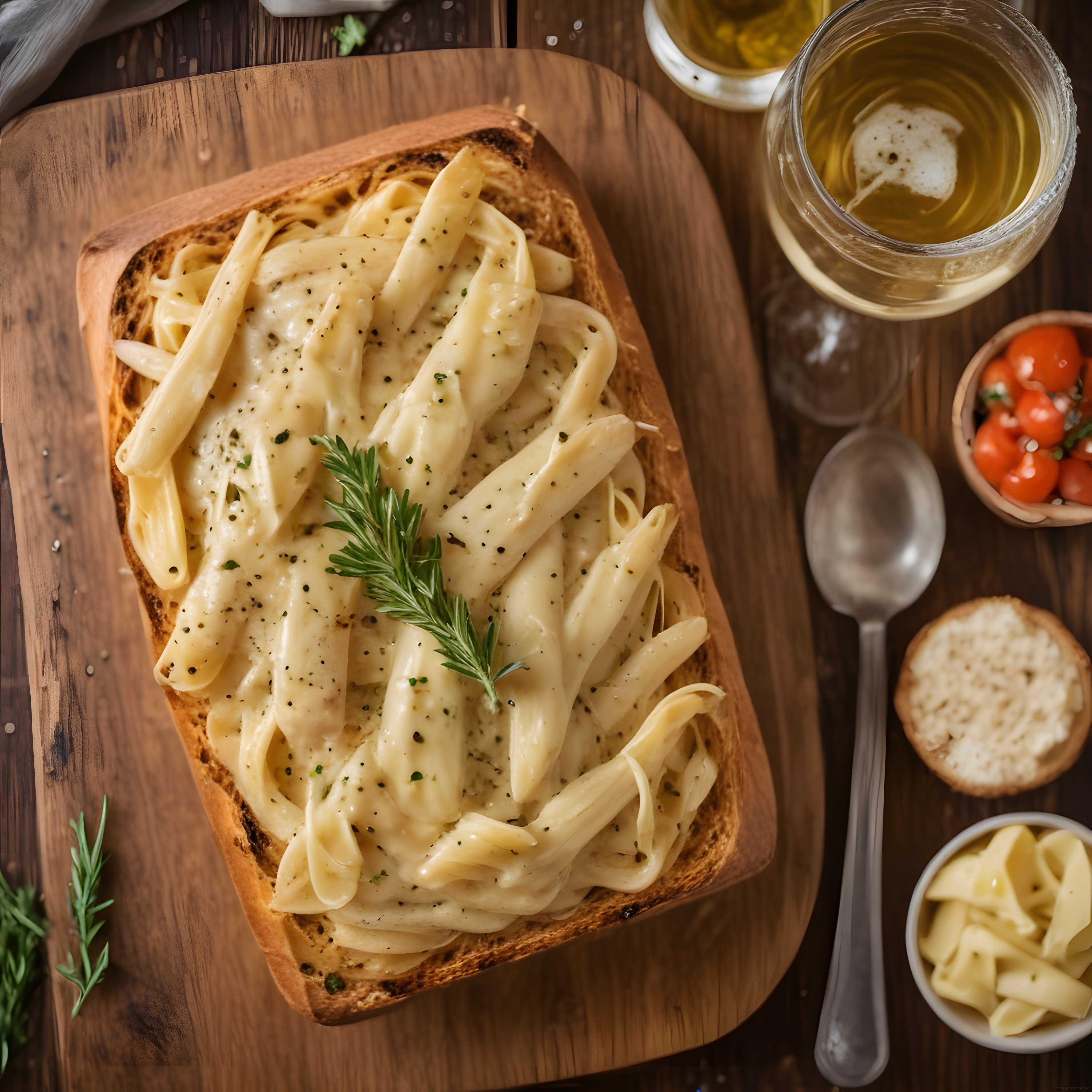 Kremalı Penne Makarnalı Bruschetta ve Beyaz Şarap Eşliğinde Rustik Sunum