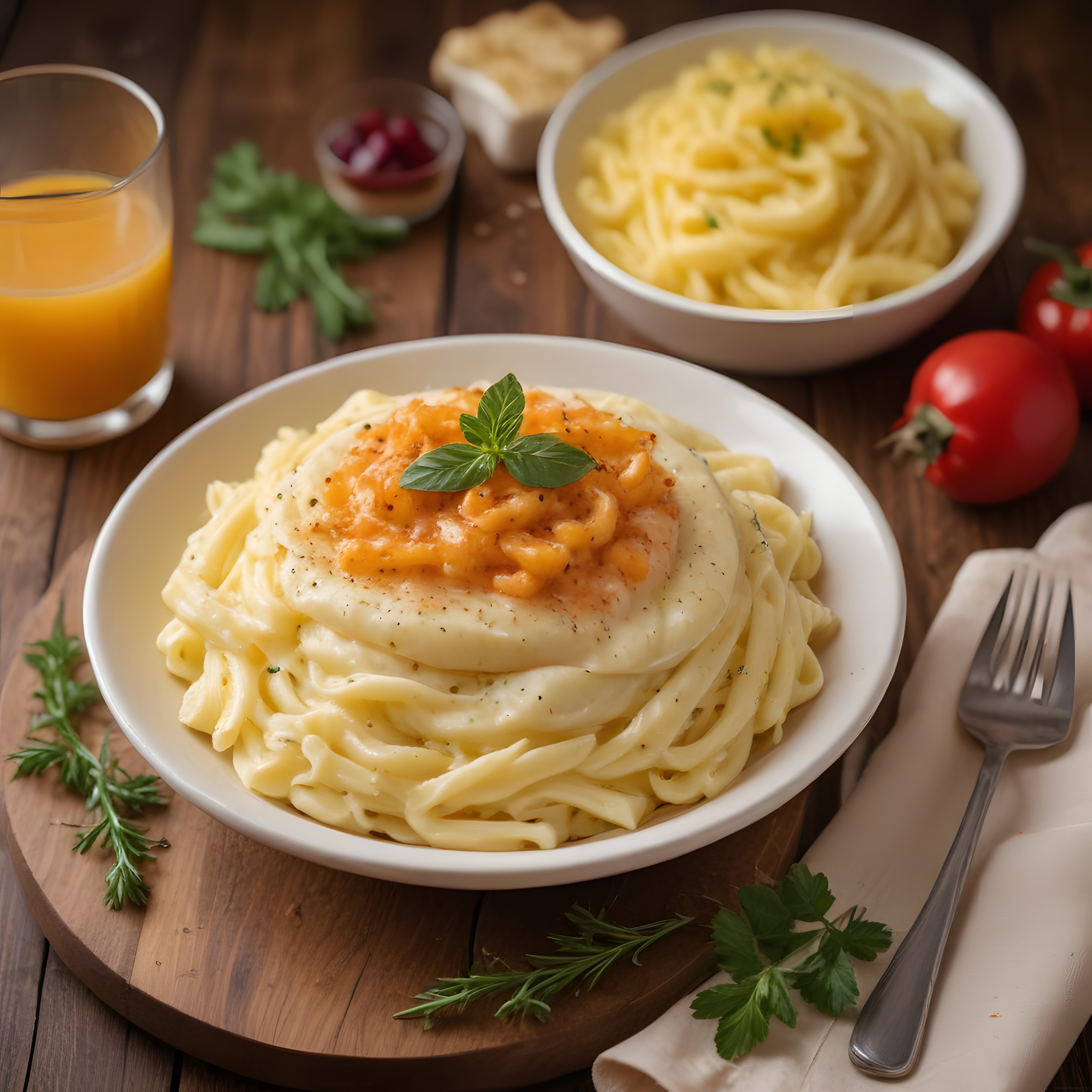 Kremalı Peynir Soslu Spagetti ve Taze Fesleğenli Ahşap Masa Sunumu