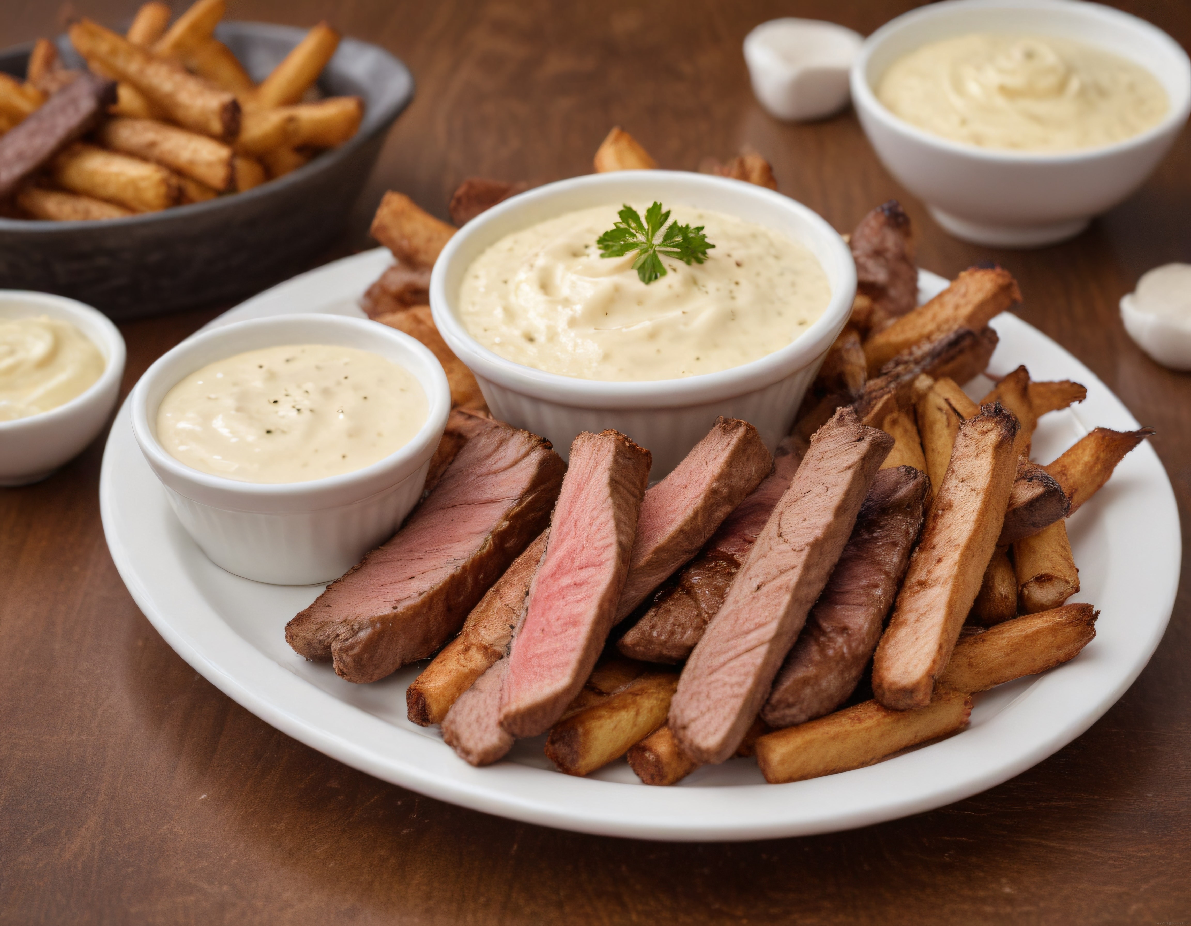 Kremalı Soslar Eşliğinde Orta Pişmiş Biftek ve Çıtır Patates Kızartması