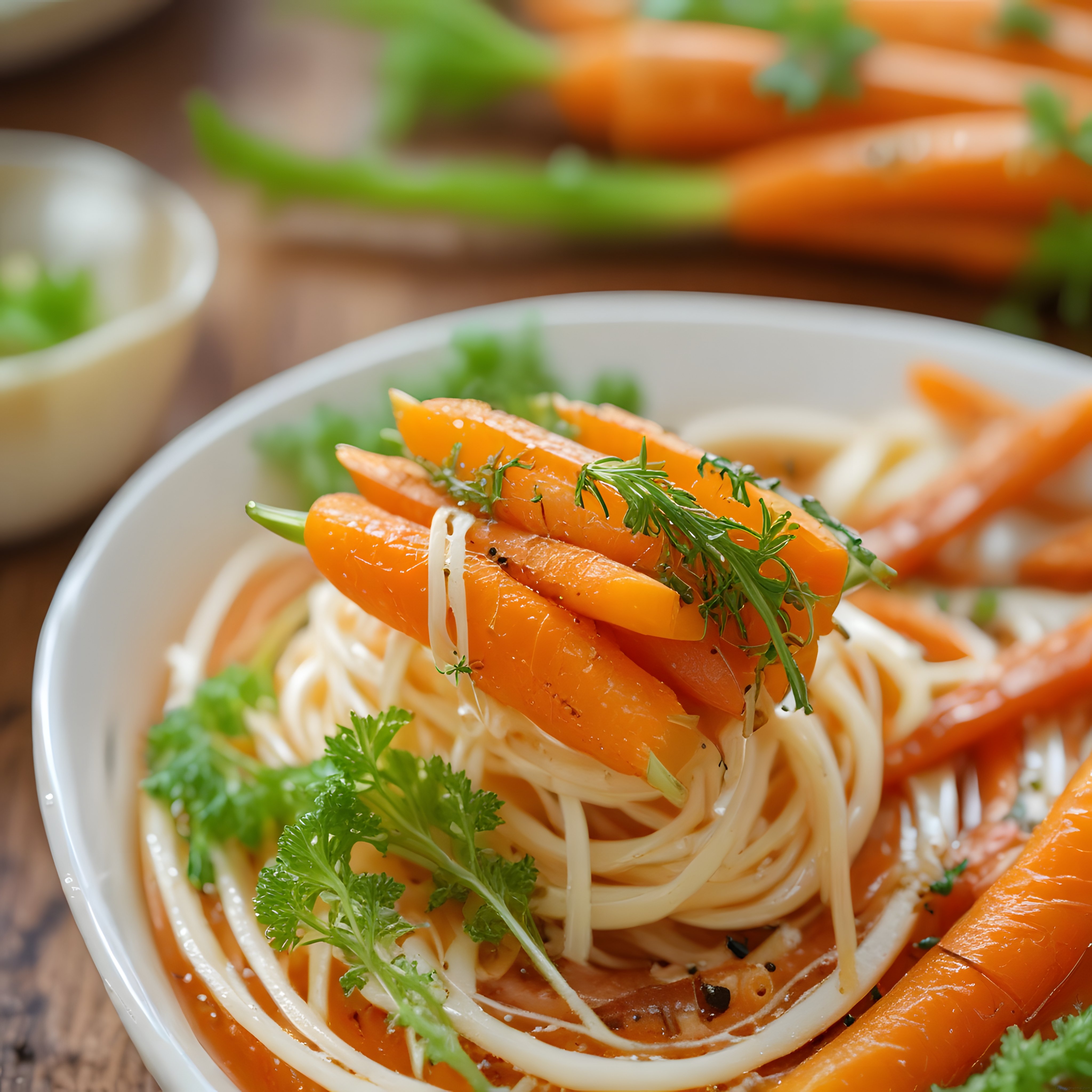 kremalı soslu havuç dilimleriyle süslenmiş ev yapımı spagetti tabağı
