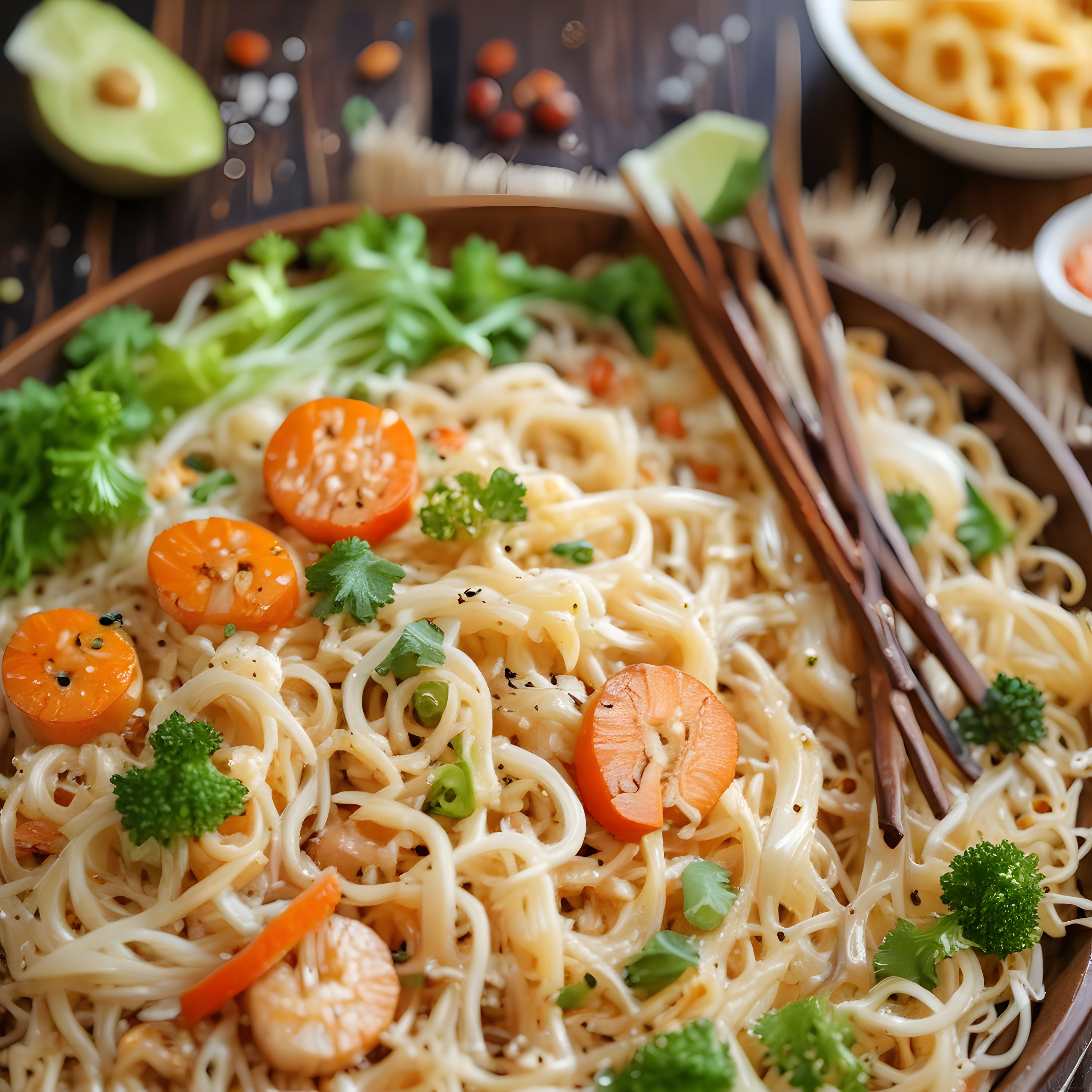 Kremalı Soslu Karidesli Noodle: Ahşap Kasede Asya Mutfağından Özel Lezzet