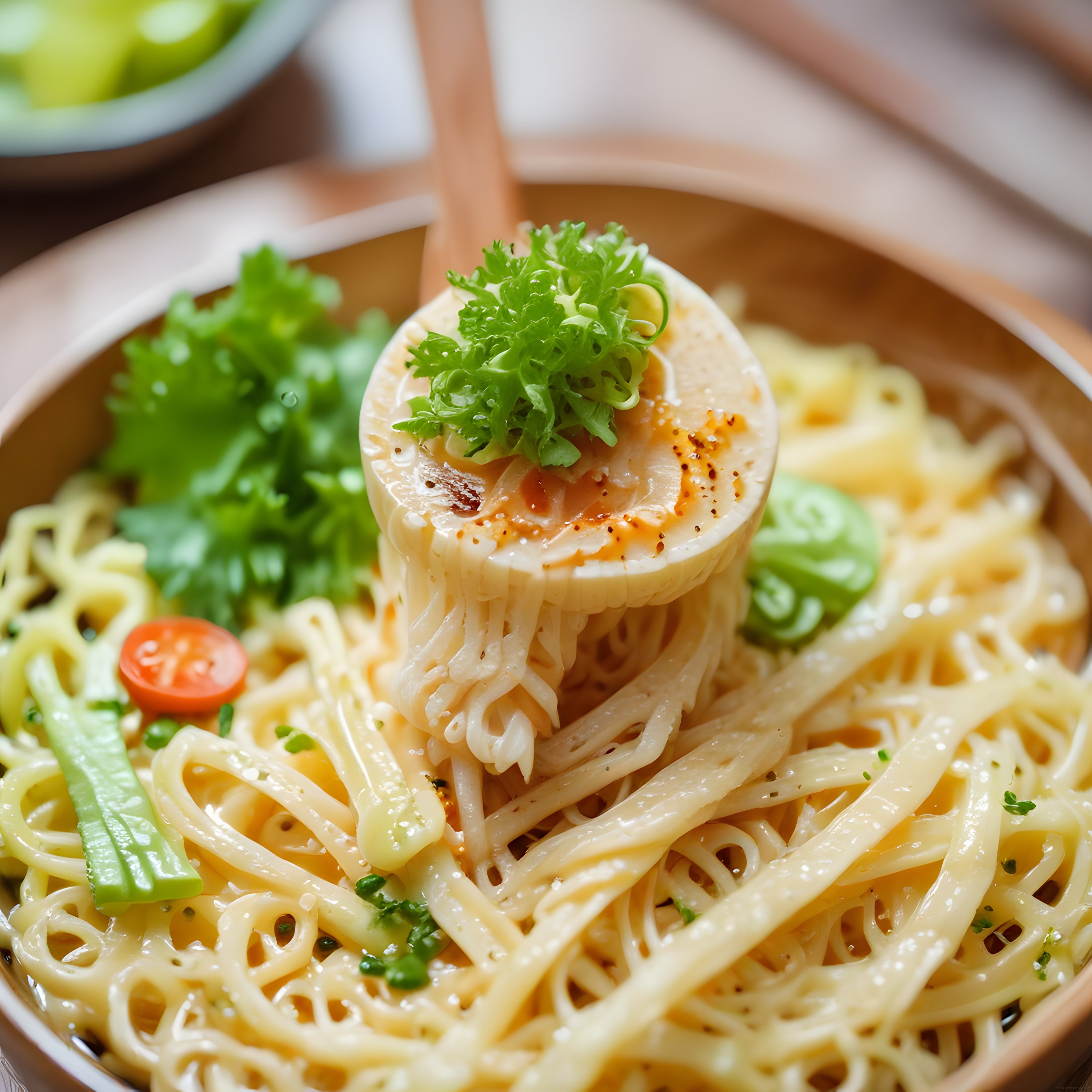 Kremalı Soslu Noodle Kasesi: Taze Sebzelerle Süslenmiş Asya Usulü Ramen Sunumu