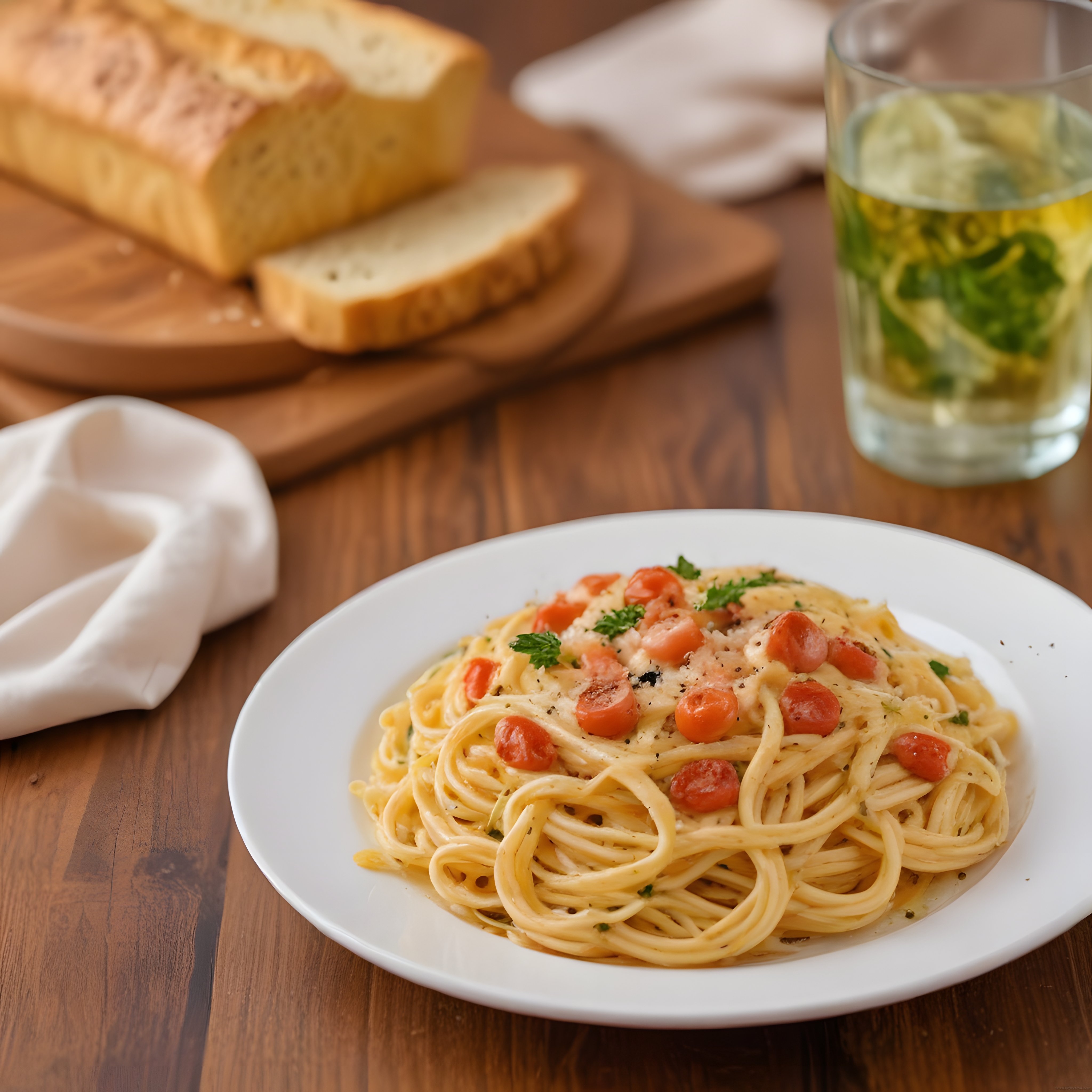 Kremalı Spagetti, Sevimli Cherry Domates ve Ev Ekmeği ile Rustik Sunum