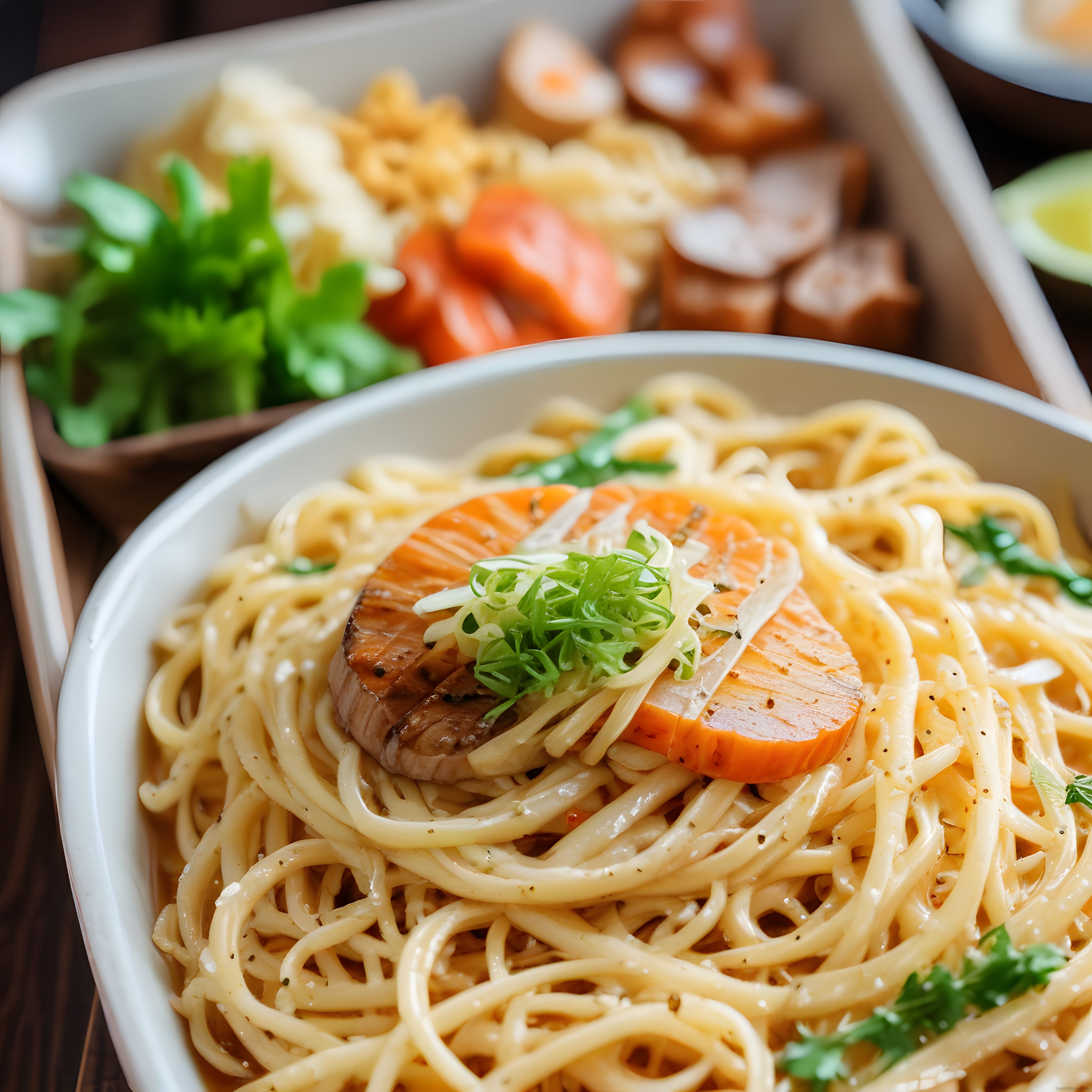 Kremalı Spagetti Üzerinde Somon ve Taze Yeşilliklerle Şık Sunum