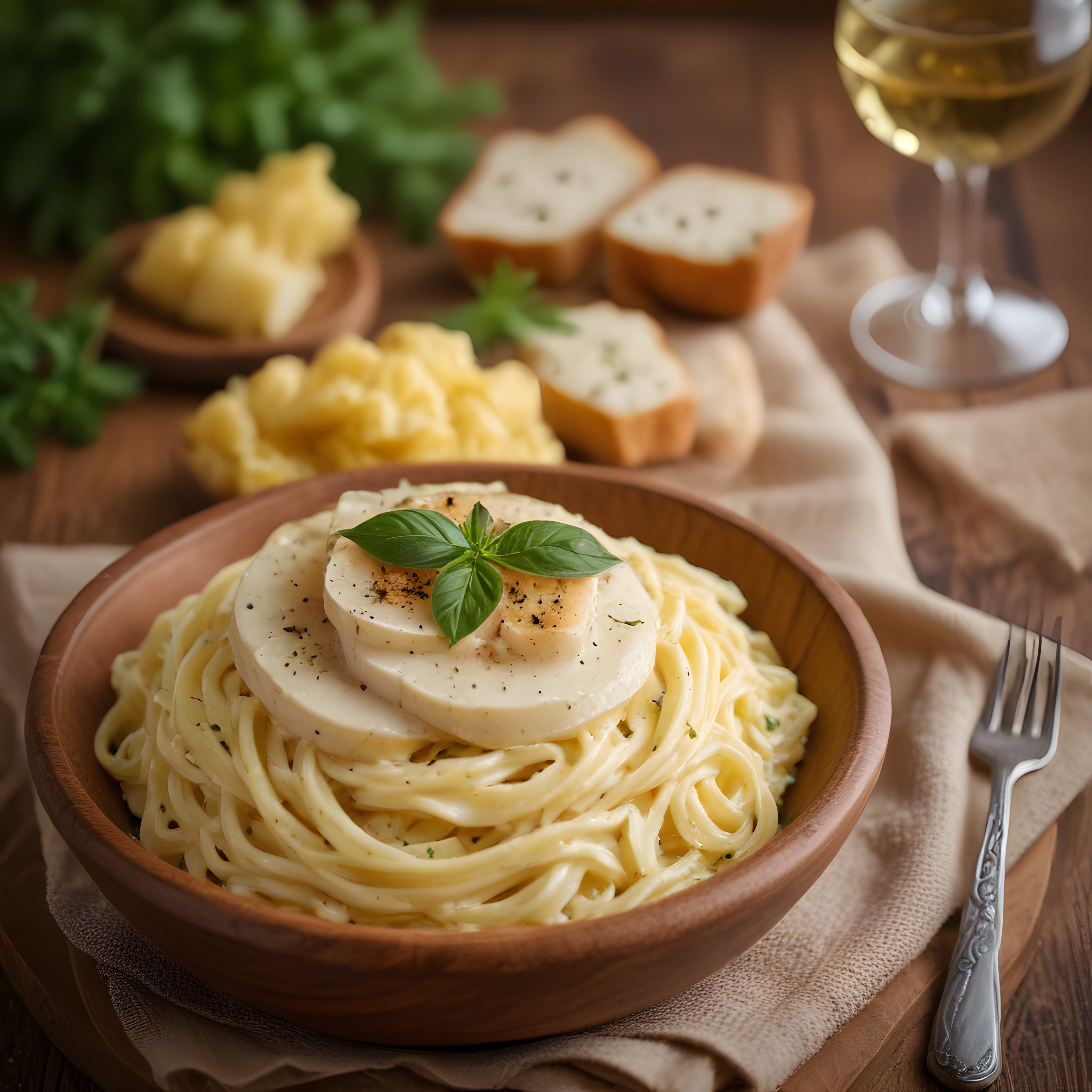 Kremalı Spaghetti ve Fesleğenli Rustik Ahşap Sunum ile Akşam Yemeği