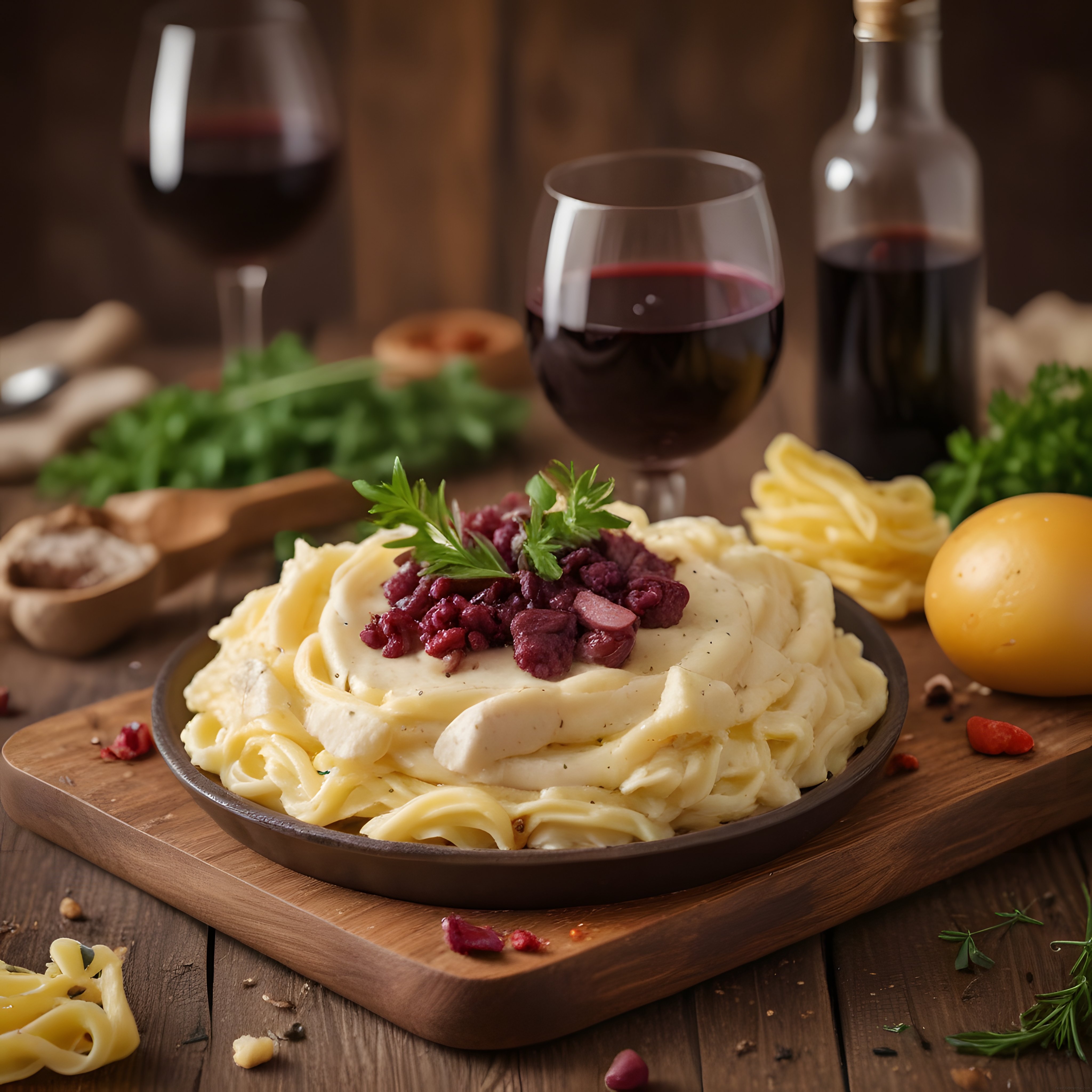 Kremalı Sucuklu Tagliatelle ve Kırmızı Şarap ile Rustik Masa Sunumu