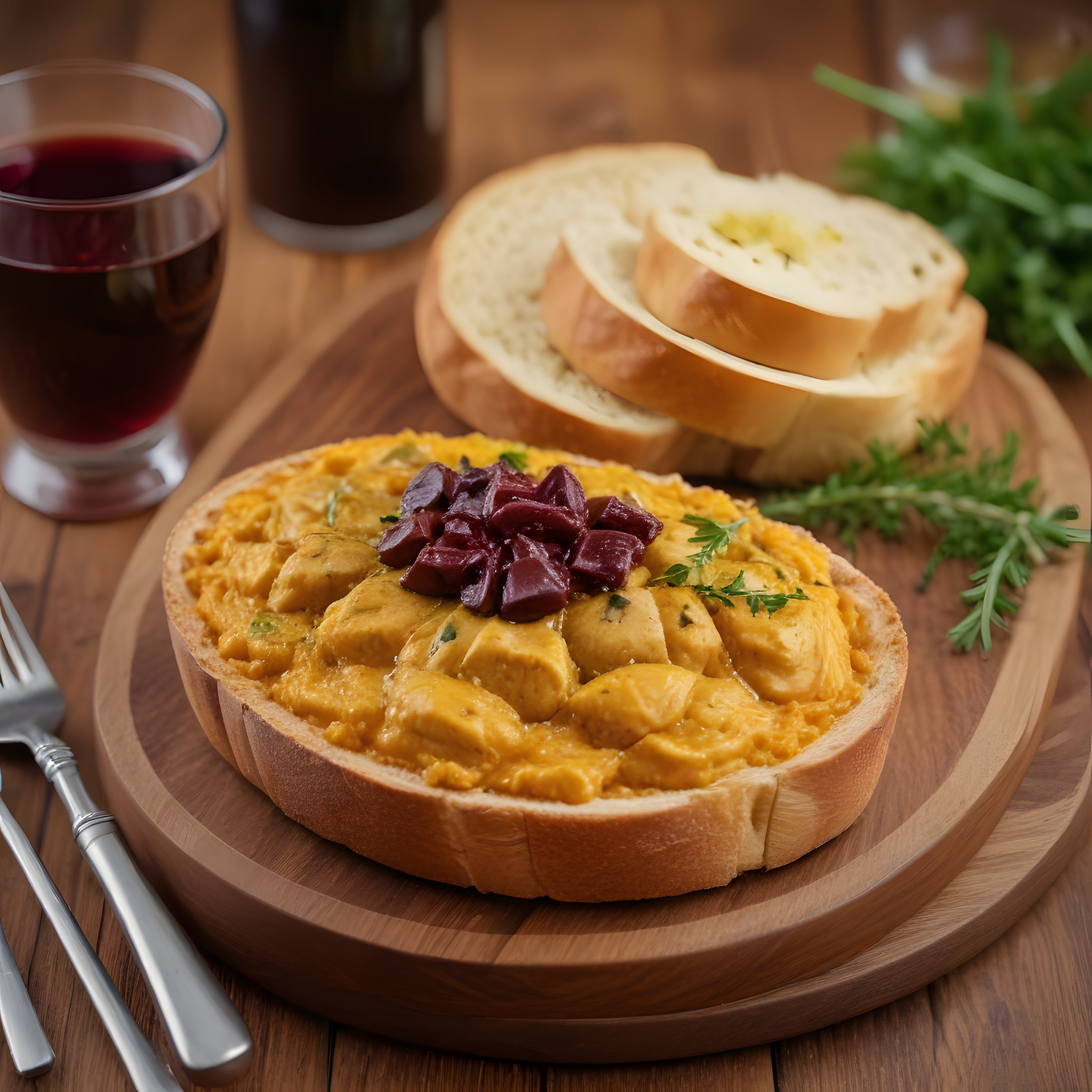 Kremalı Tavuklu Ekmek Kasesi ve Kırmızı Şarap Eşliğinde Rustik Sunum