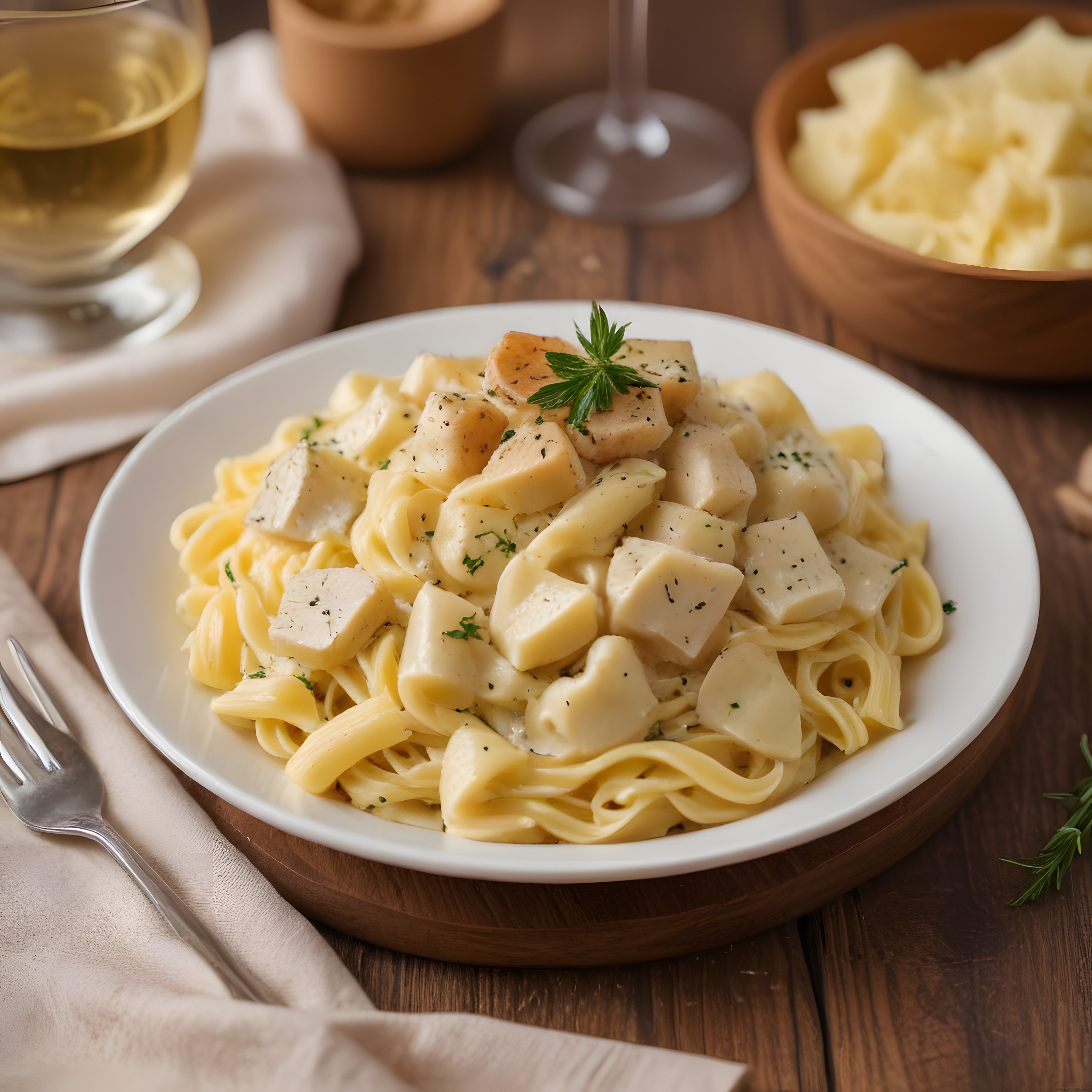 Kremalı Tavuklu Fettuccine Alfredo: Rustik Ahşap Masada İtalyan Lezzeti