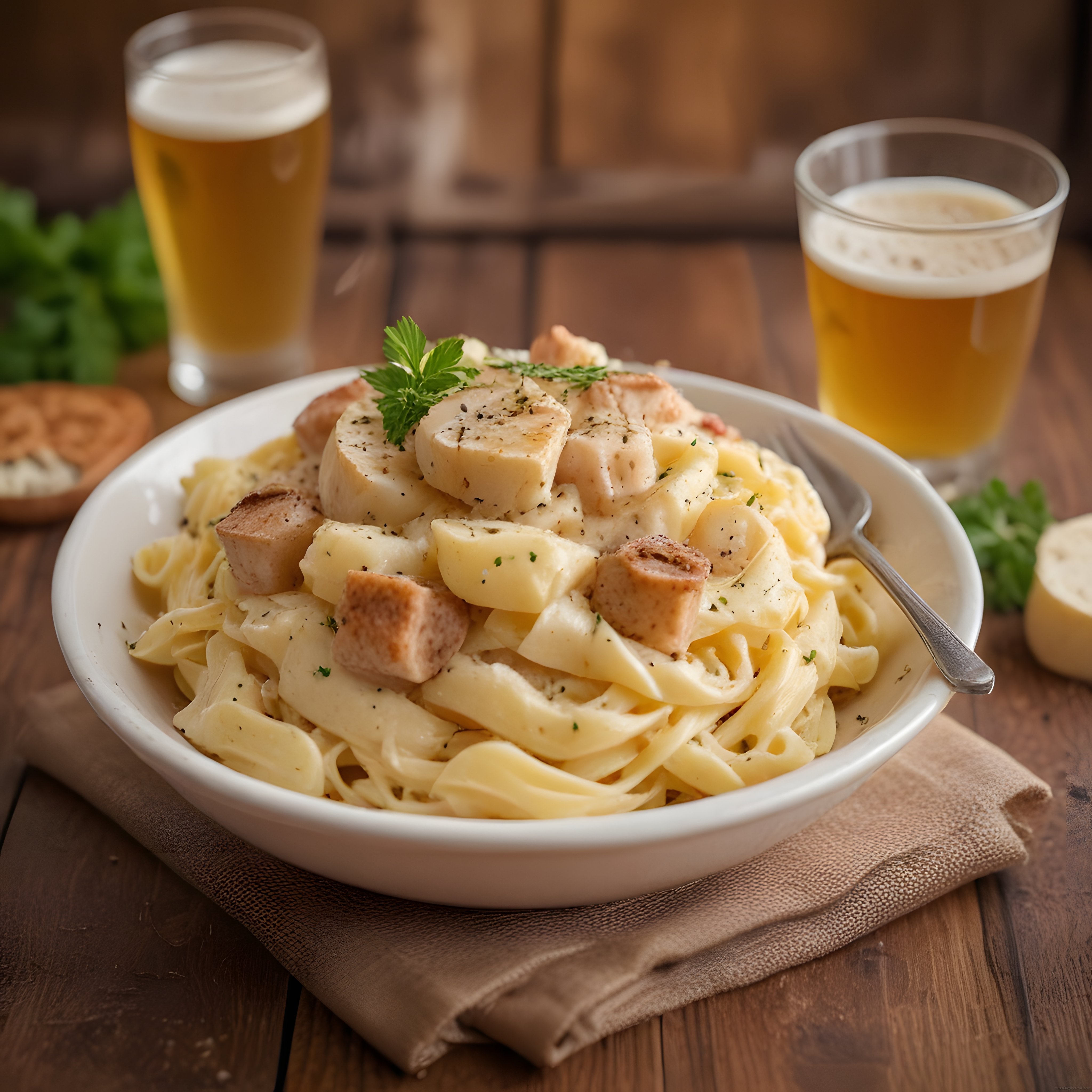 Kremalı Tavuklu Fettucine Alfredo ve Soğuk Bira Eşliğinde Şık Sunum