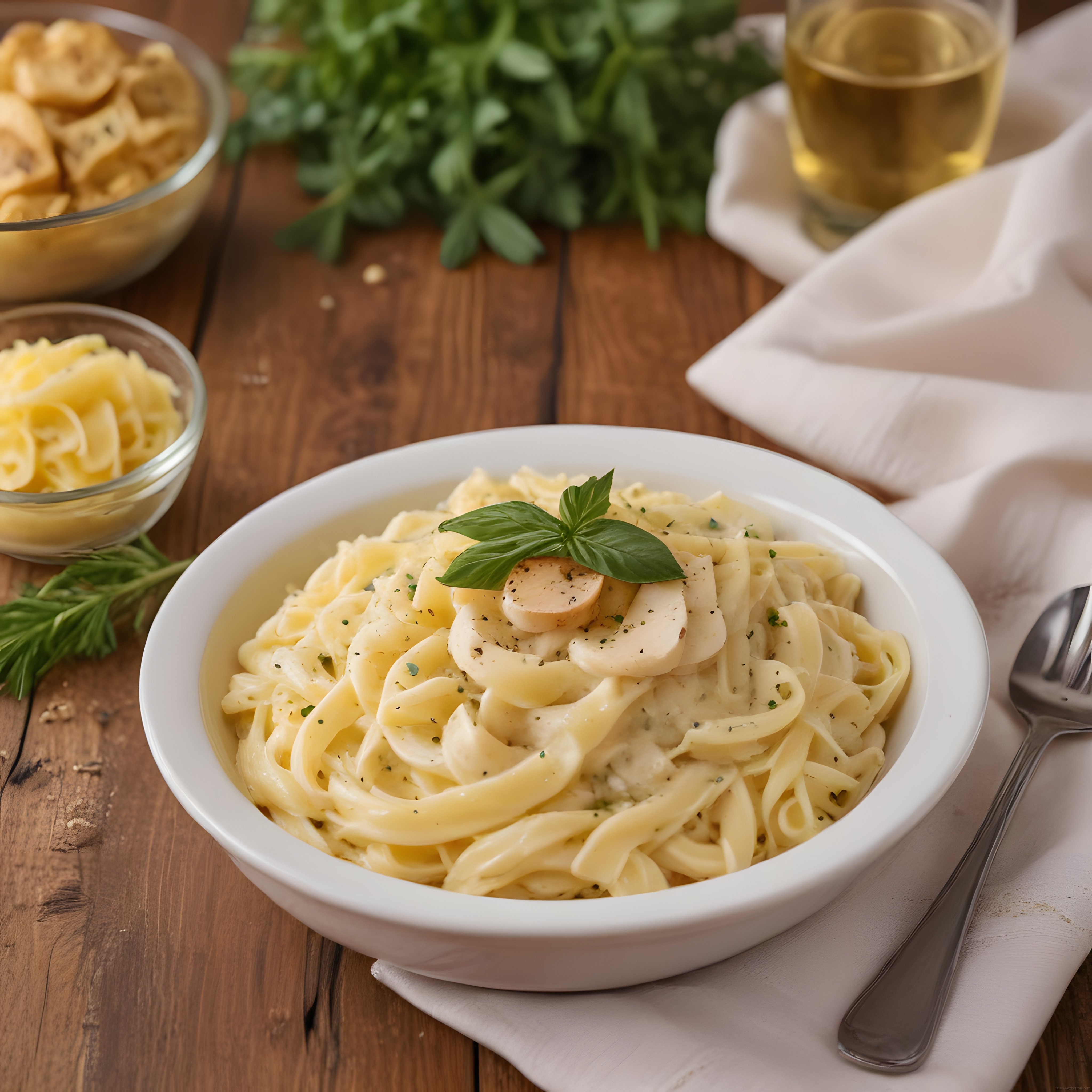 Kremalı Tavuklu Fettucine Makarna ve Beyaz Şarap ile Rustik Masa Sunumu