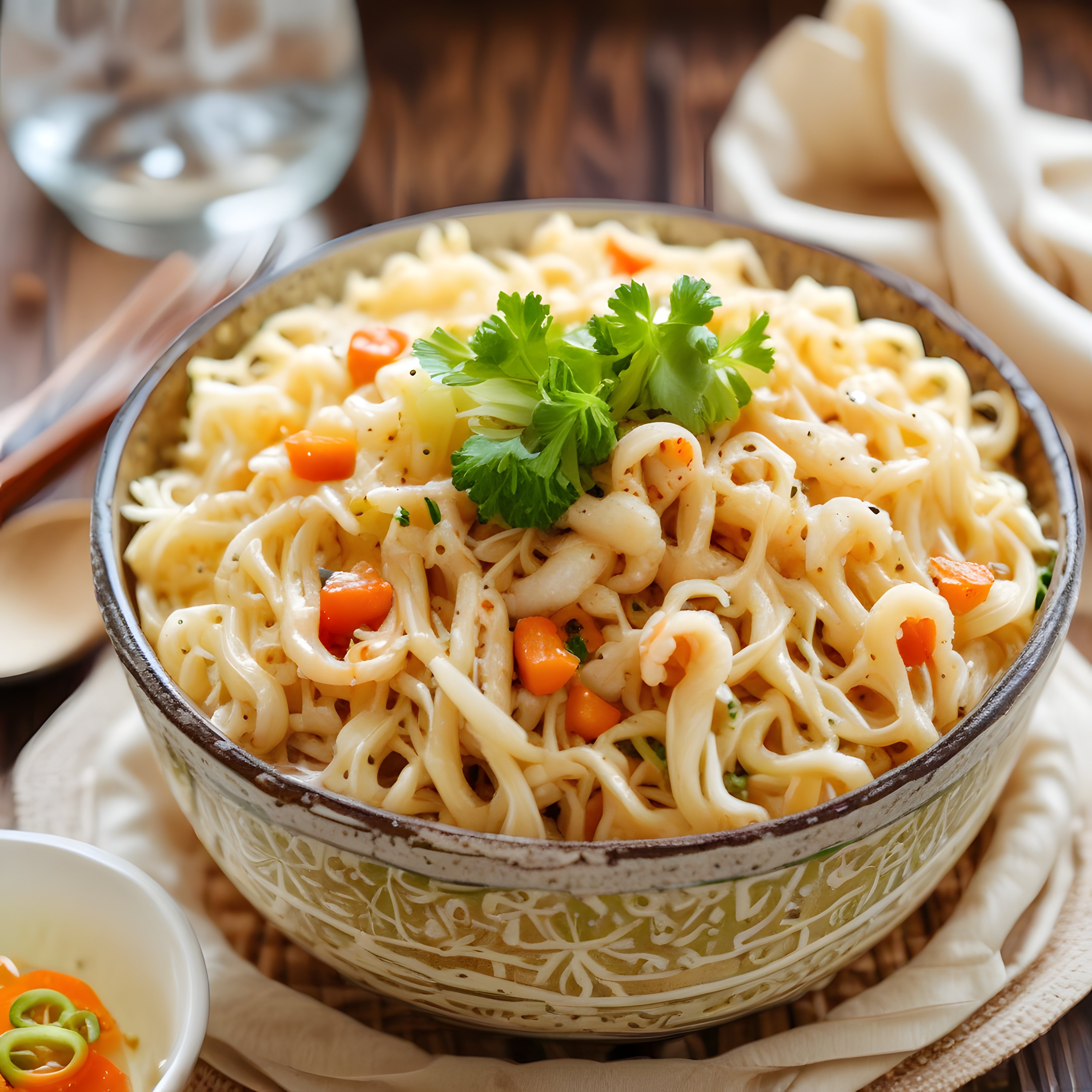Kremalı tavuklu noodle kasesi: sebzeli ve kişnişli asya makarnası