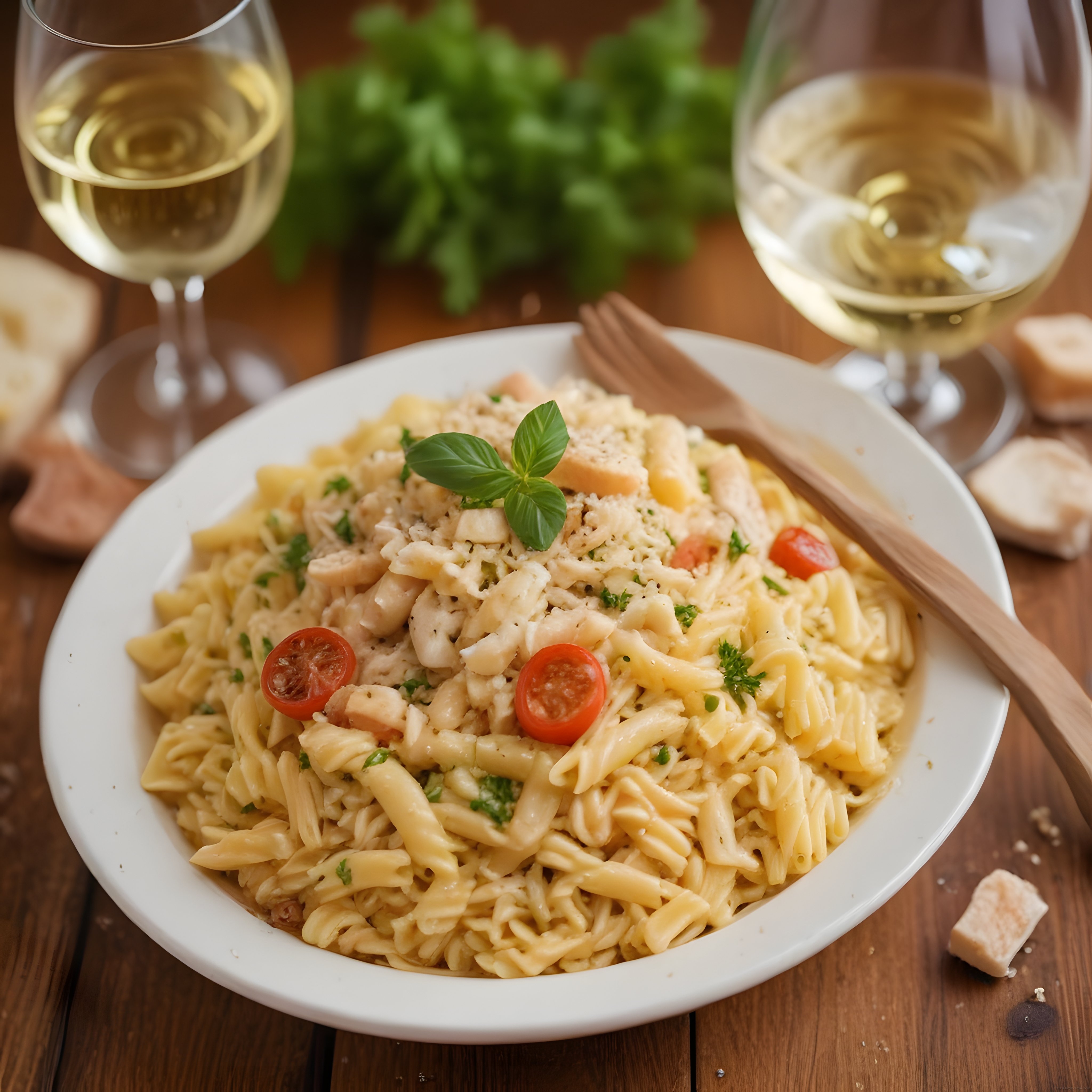 Kremalı tavuklu penne makarna, taze fesleğen ve beyaz şarap eşliğinde