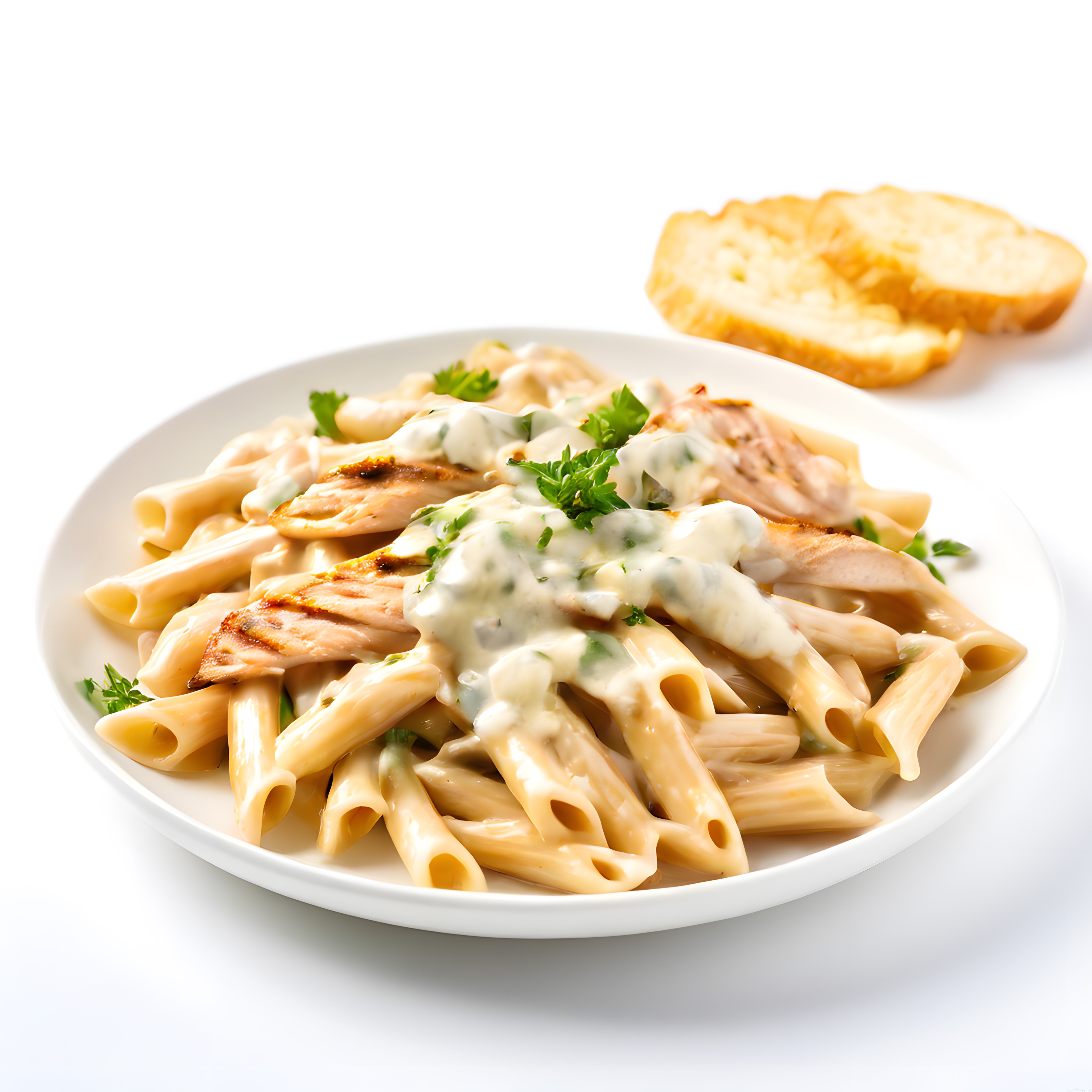 Kremalı Tavuklu Penne Makarna ve Kızarmış Ekmek ile Şık Restoran Sunumu